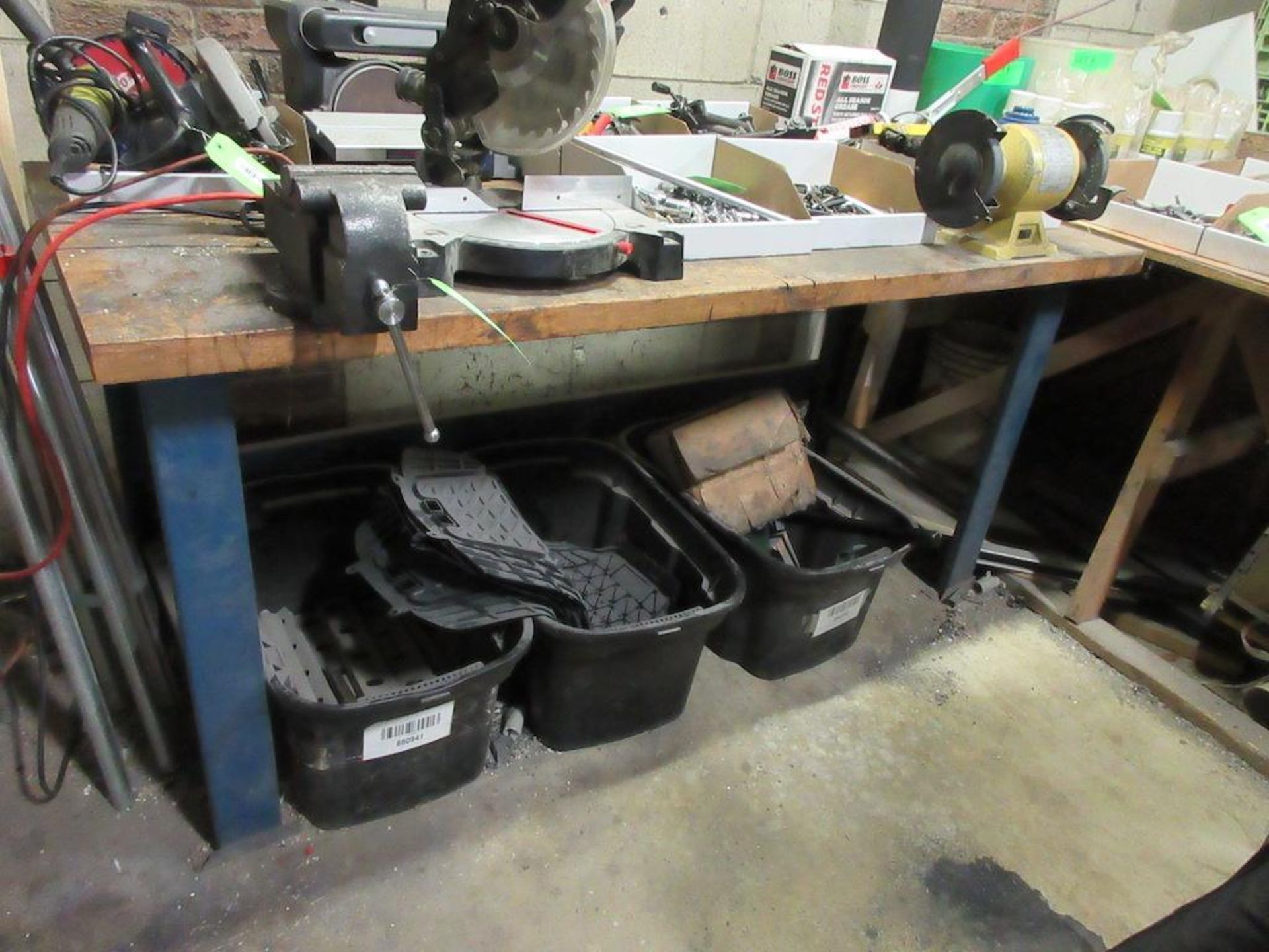 Heavy duty wood top work table, approx. 30" x 72", includes: 5" vise and Can Pro double sided grinde