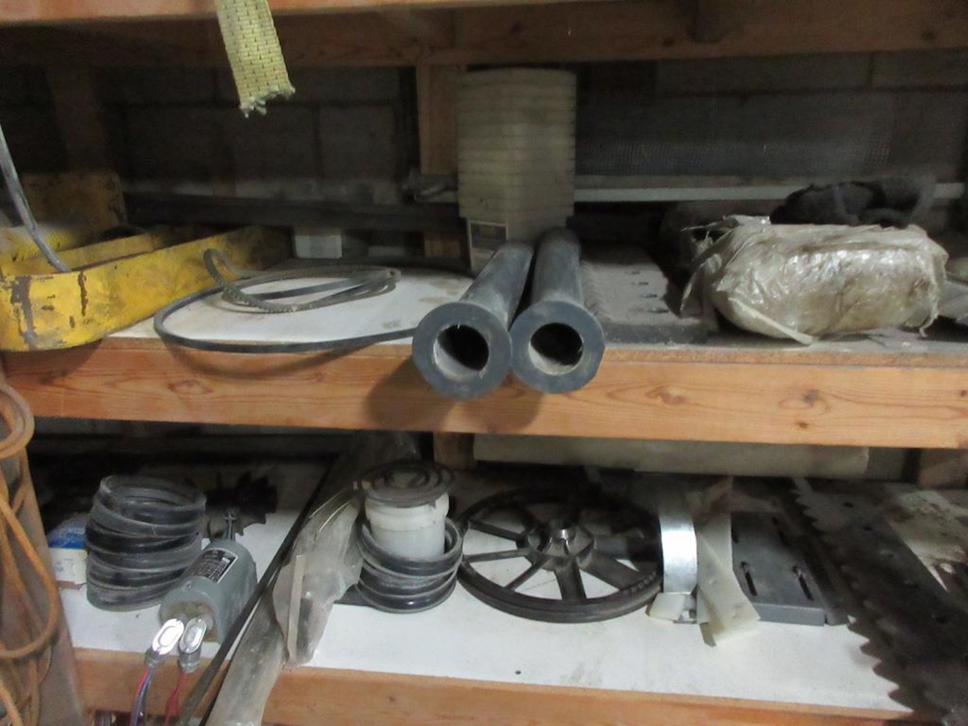 1 wood shelf contents, assorted components, gears, grease guns, gas cans, lights, pails of assorted - Image 5 of 9