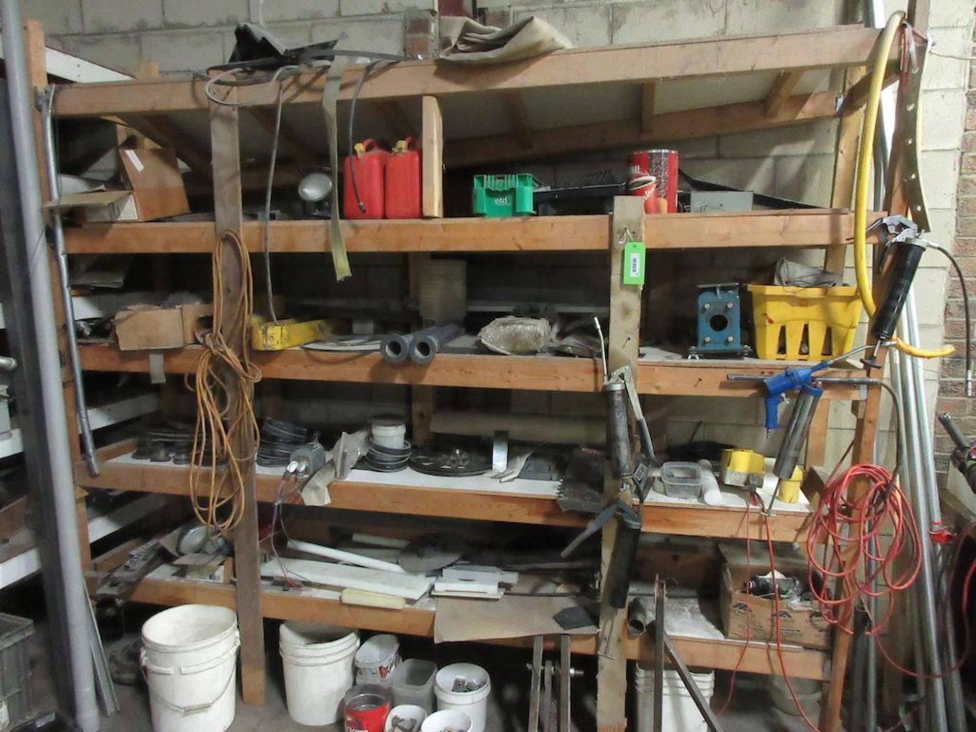 1 wood shelf contents, assorted components, gears, grease guns, gas cans, lights, pails of assorted