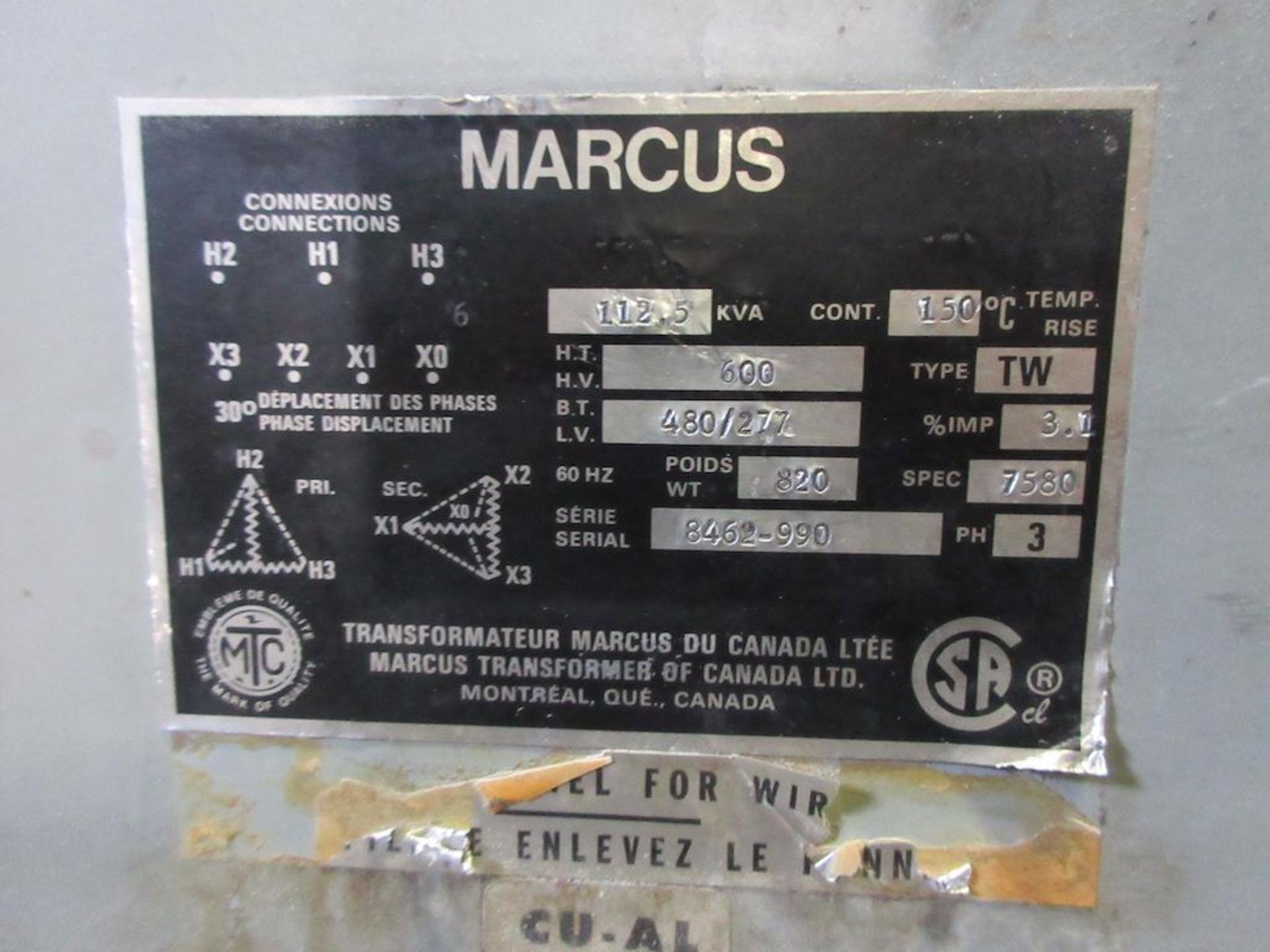 Marcus 112.5 KVA transformer, 600 HV, 480/277, sn 8462-990 - Image 2 of 4