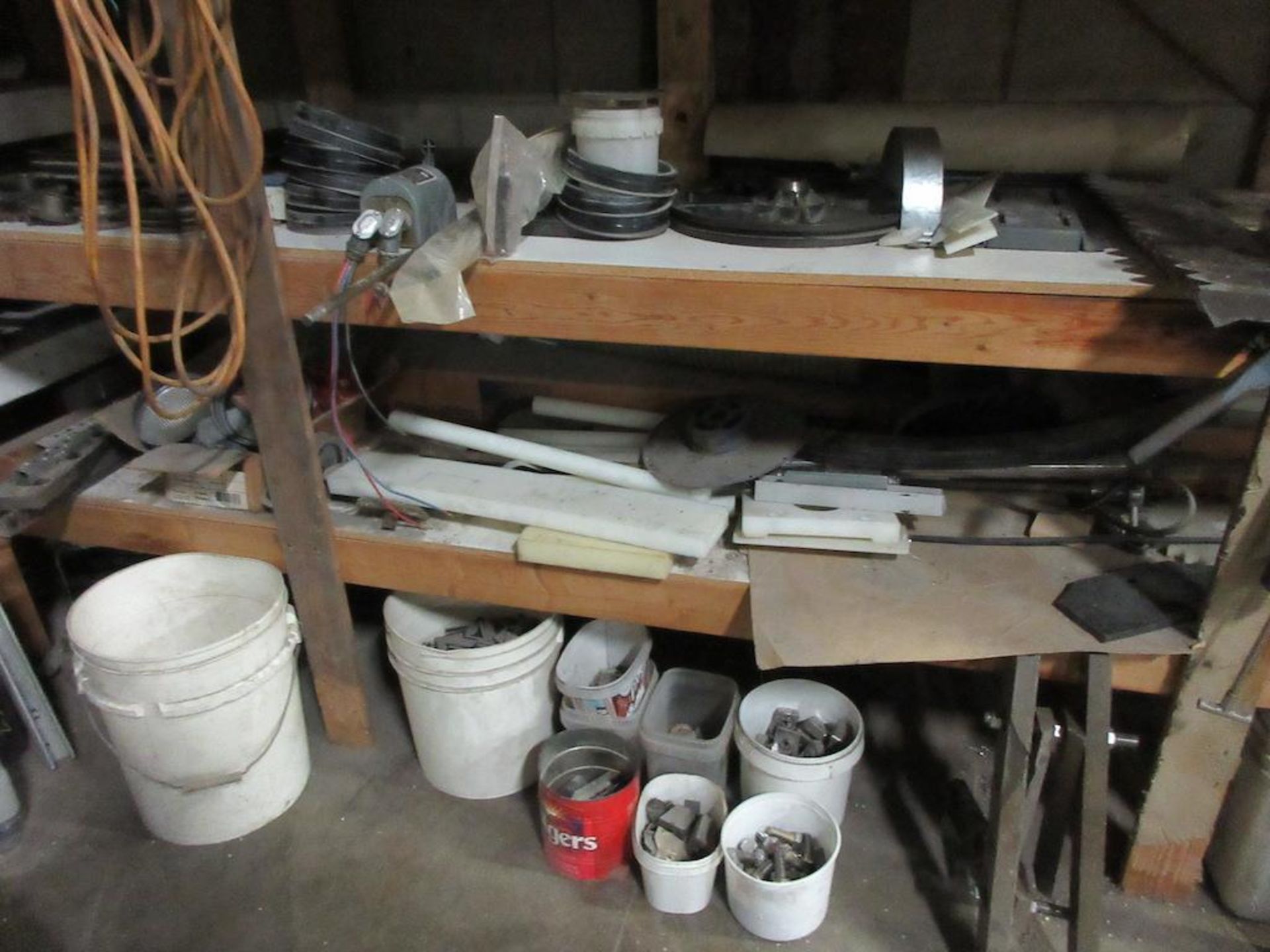 1 wood shelf contents, assorted components, gears, grease guns, gas cans, lights, pails of assorted - Image 2 of 9