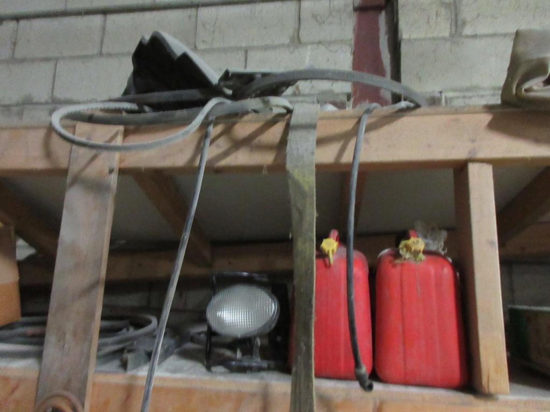 1 wood shelf contents, assorted components, gears, grease guns, gas cans, lights, pails of assorted - Image 6 of 9