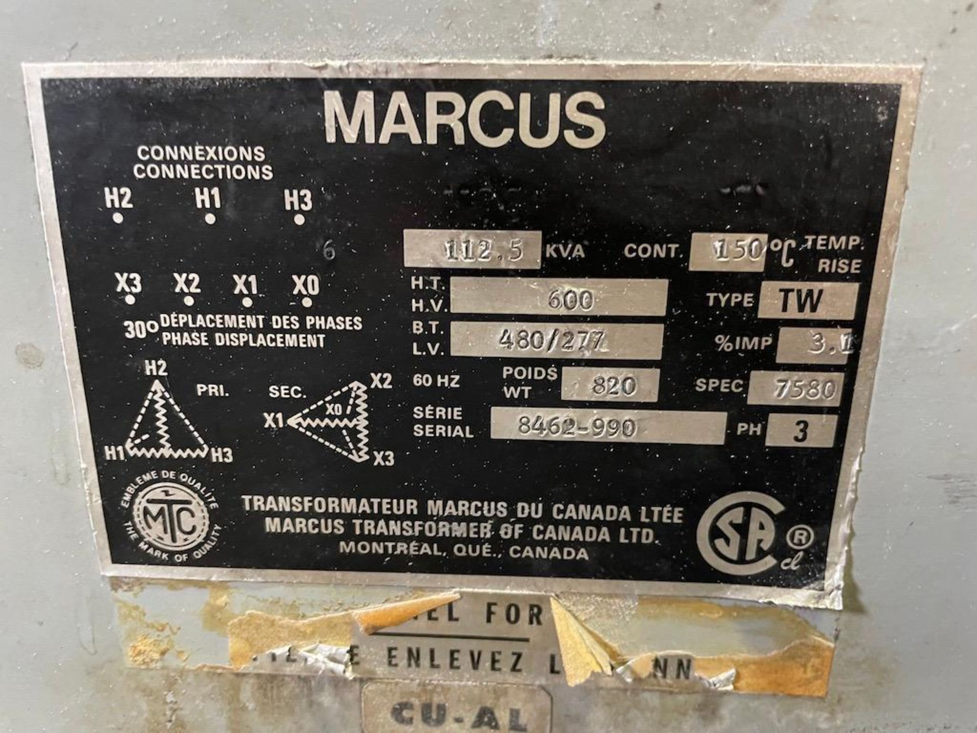 Marcus 112.5 KVA transformer, 600 HV, 480/277, sn 8462-990 - Image 4 of 4