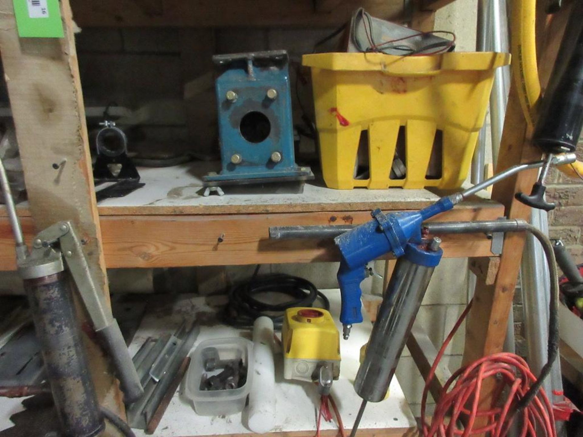 1 wood shelf contents, assorted components, gears, grease guns, gas cans, lights, pails of assorted - Image 4 of 9