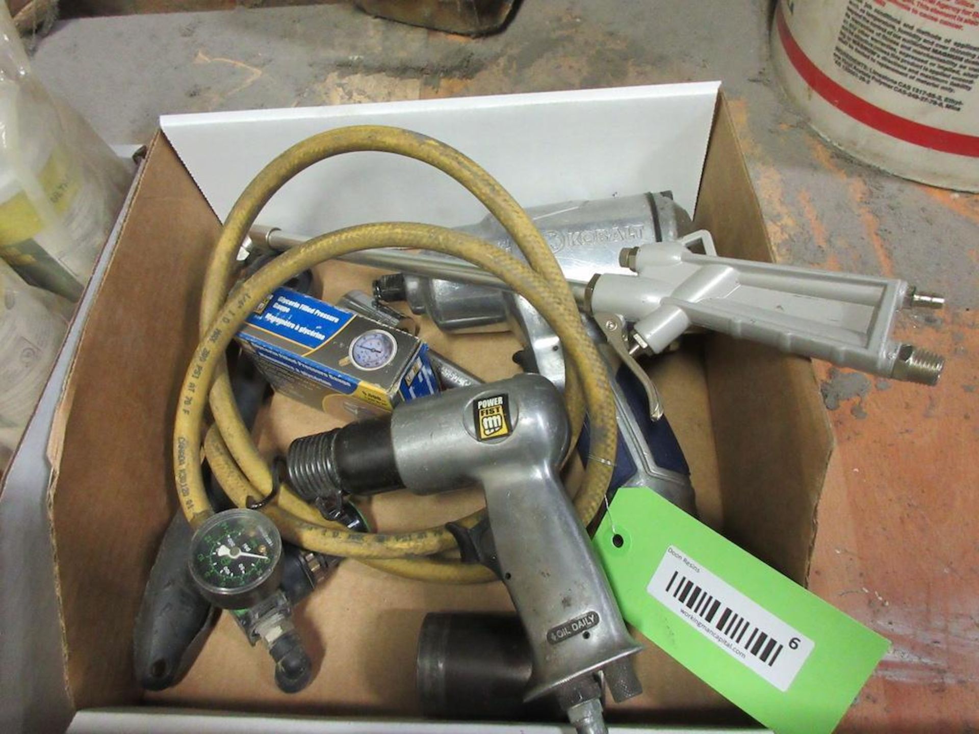 1 box: Kobalt 350 pneumatic socket, torch head, glycerin filled pressure gauge, power fist air tool