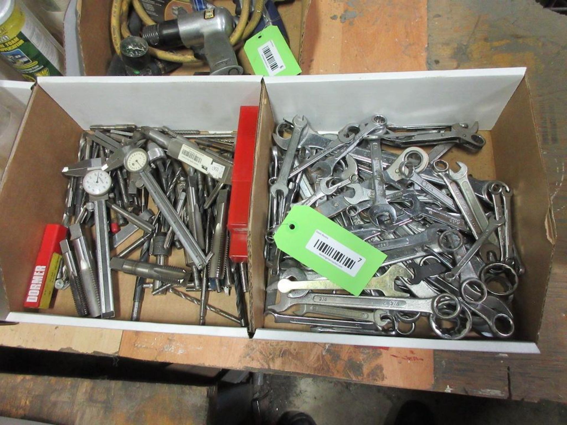 2 boxes: reamers, cutters, 2 verniers, assorted wrenches