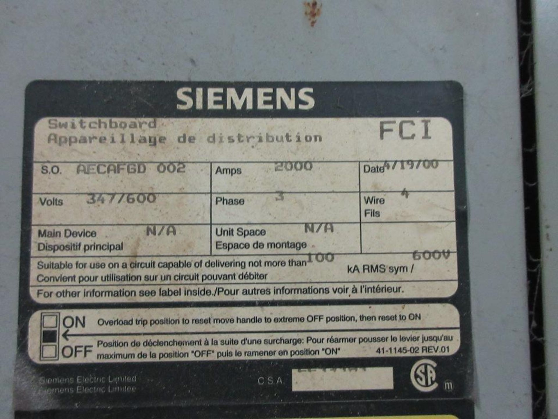 Siemens Fusible switch panelboard, 2000 amp, 347/600 volts, includes JVC top transformer, 600V, Styl - Image 3 of 7