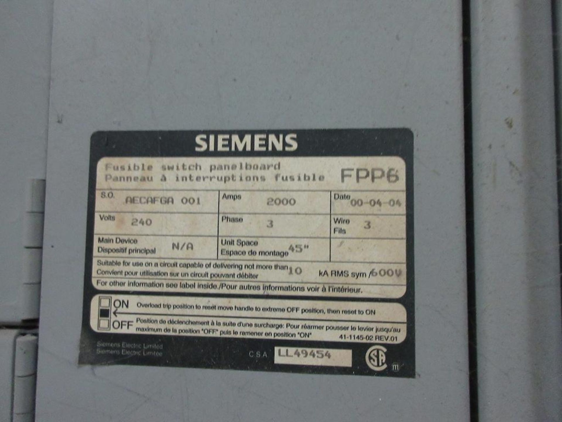 Siemens Fusible switch panelboard, 2000 amp, 347/600 volts, includes JVC top transformer, 600V, Styl - Image 2 of 7