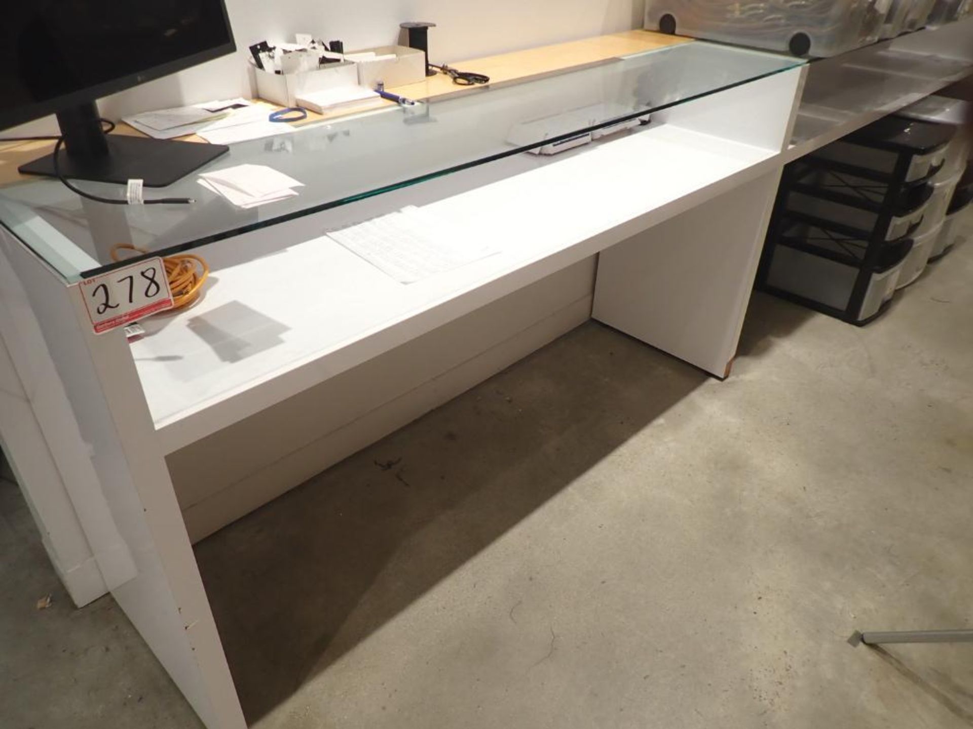 WHITE & BIRCH GLASS TOP 20"X11'X3'H COUNTER W/SIDE CABINET