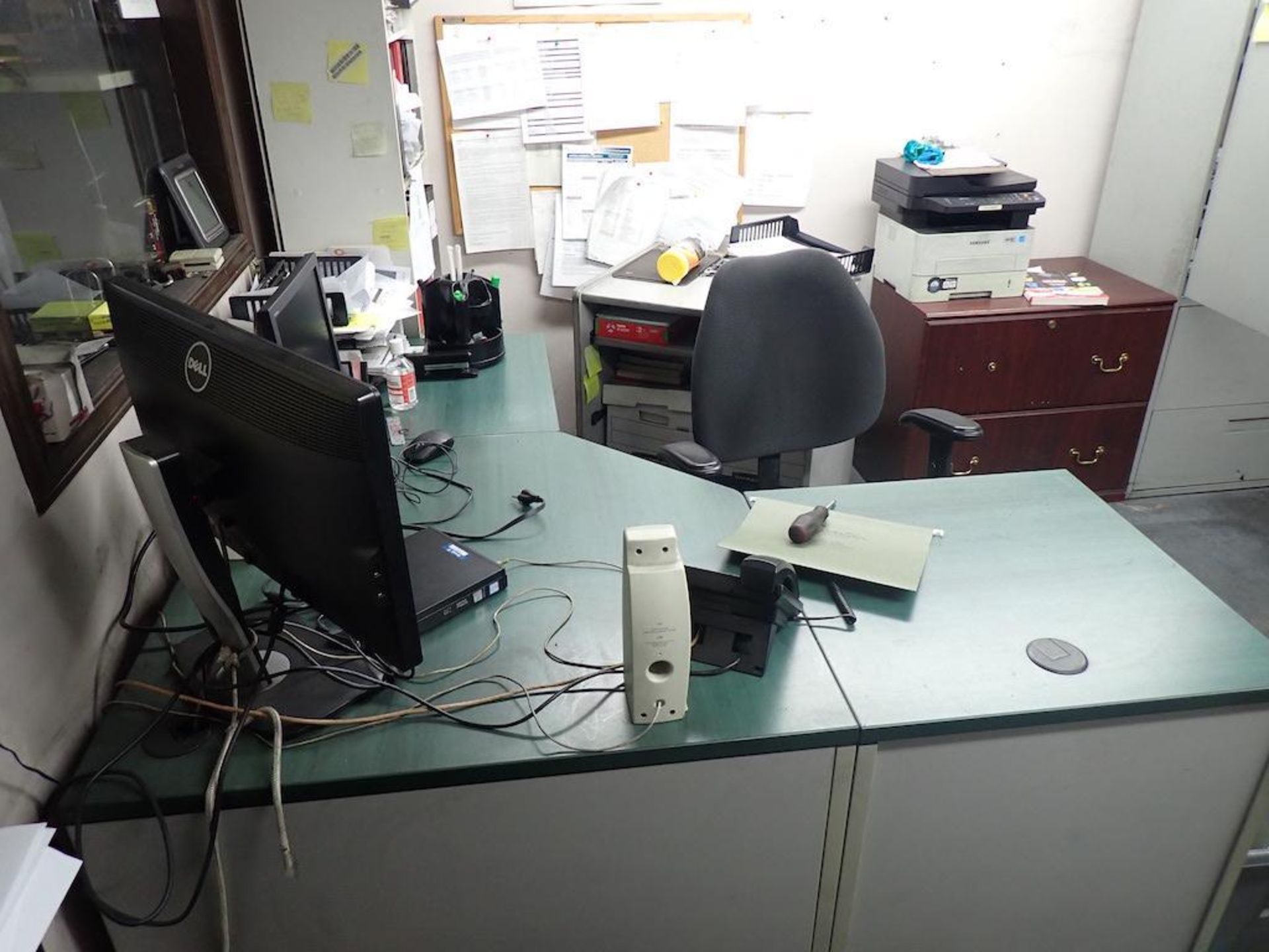 PRODUCTION OFFICE CONTENTS: DESK, CABINETS, SHELVES, SHIPPING DESK, CHAIRTS, TONER, COMPONENTS, BOAR