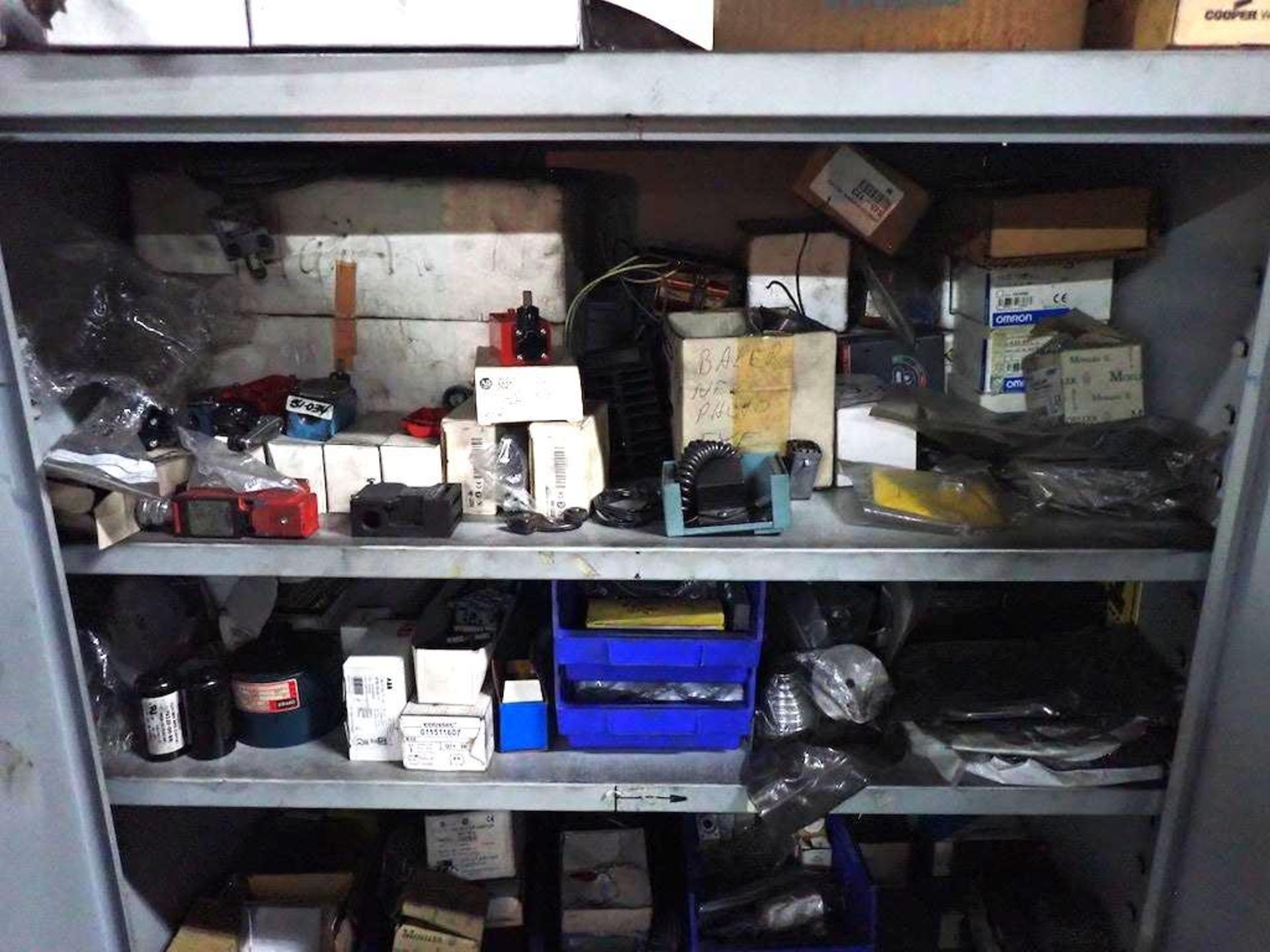 LOT 3 GREY CABINETS INCLUDING CONTENTS: FUSES, SWITCHES, HARDWARE, BEARINGS, MOTORS, WIRING, TIMERS, - Image 4 of 12
