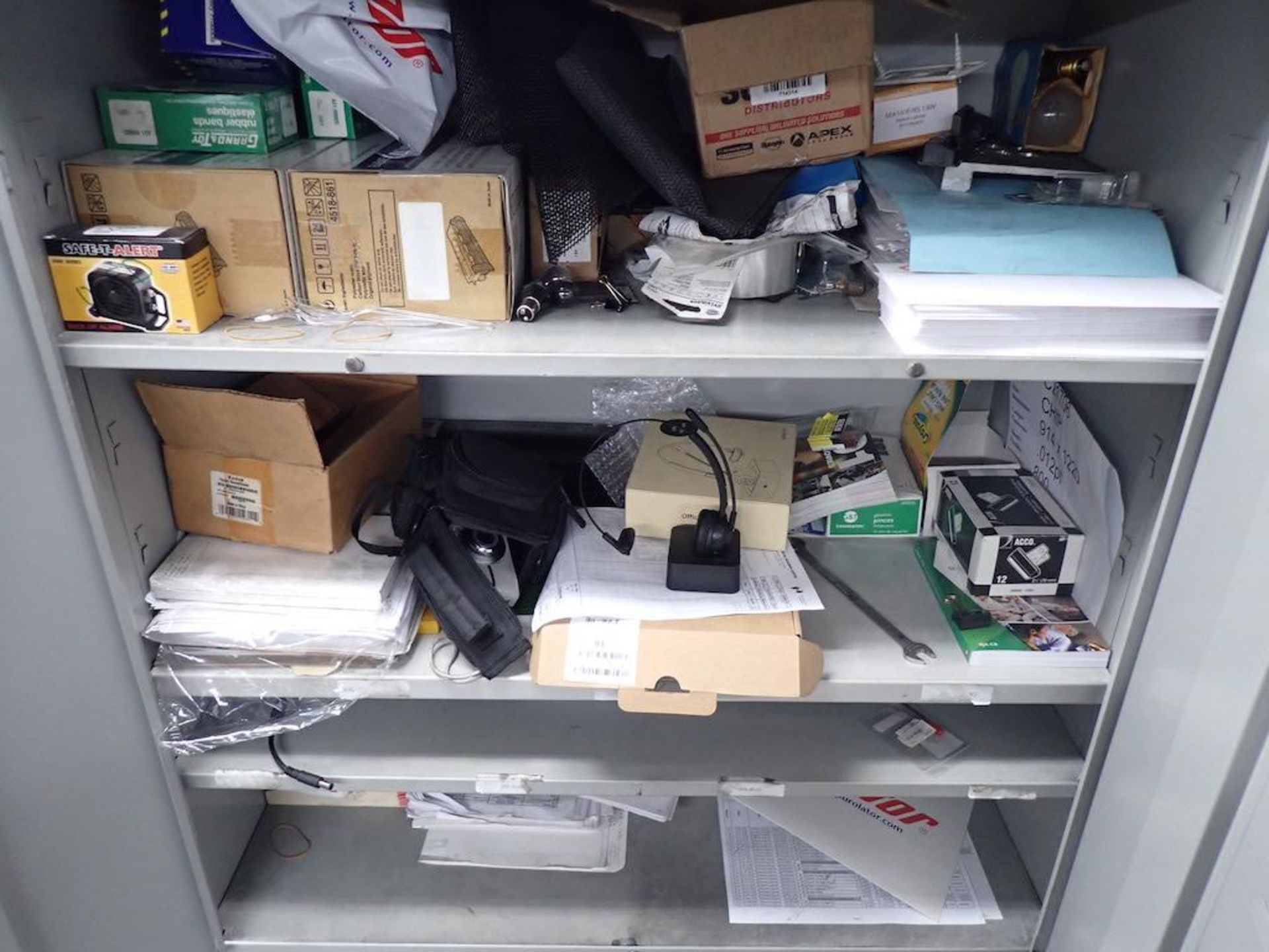 PRODUCTION OFFICE CONTENTS: DESK, CABINETS, SHELVES, SHIPPING DESK, CHAIRTS, TONER, COMPONENTS, BOAR - Image 3 of 7