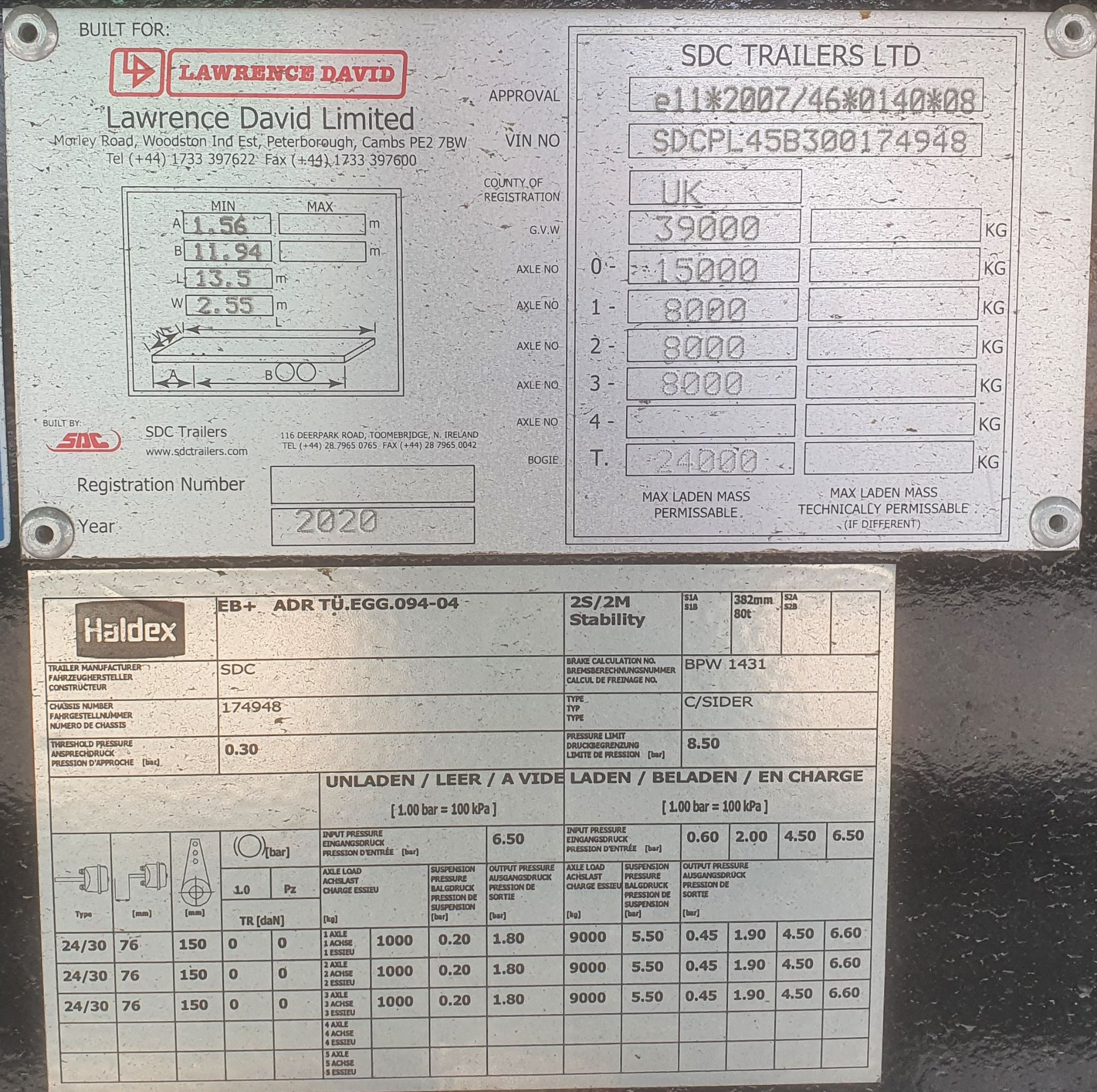 A LAWRENCE DAVID/SDC TRAILERS LTD Type LDLSDC04DA/4503 Tri-Axle Air Suspended 13.5M Curtain Side - Image 4 of 4