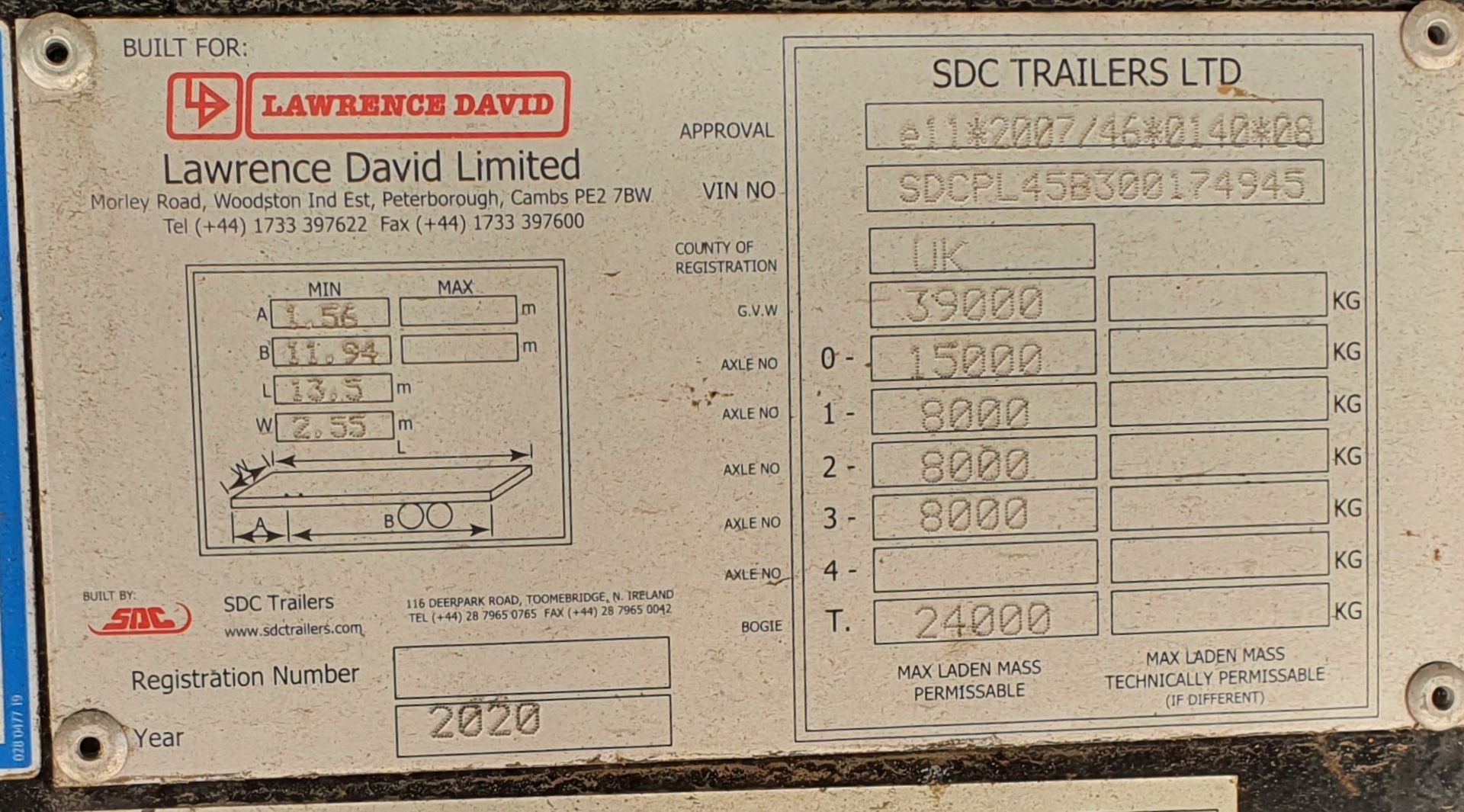 A LAWRENCE DAVID/SDC TRAILERS LTD Type LDLSDC04DA/4503 Tri-Axle Air Suspended 13.5M Curtain Side - Image 4 of 4