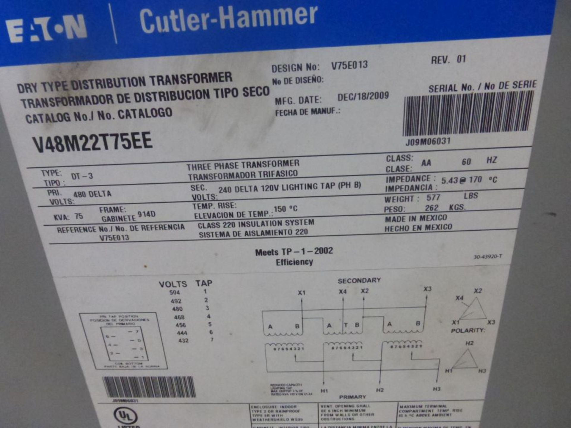 Eaton Cutler Hammer Transformer | Cat No. V48M22T7SEE; Type: DT-3; 480 Delta Primary Voltage; 240 - Image 3 of 3