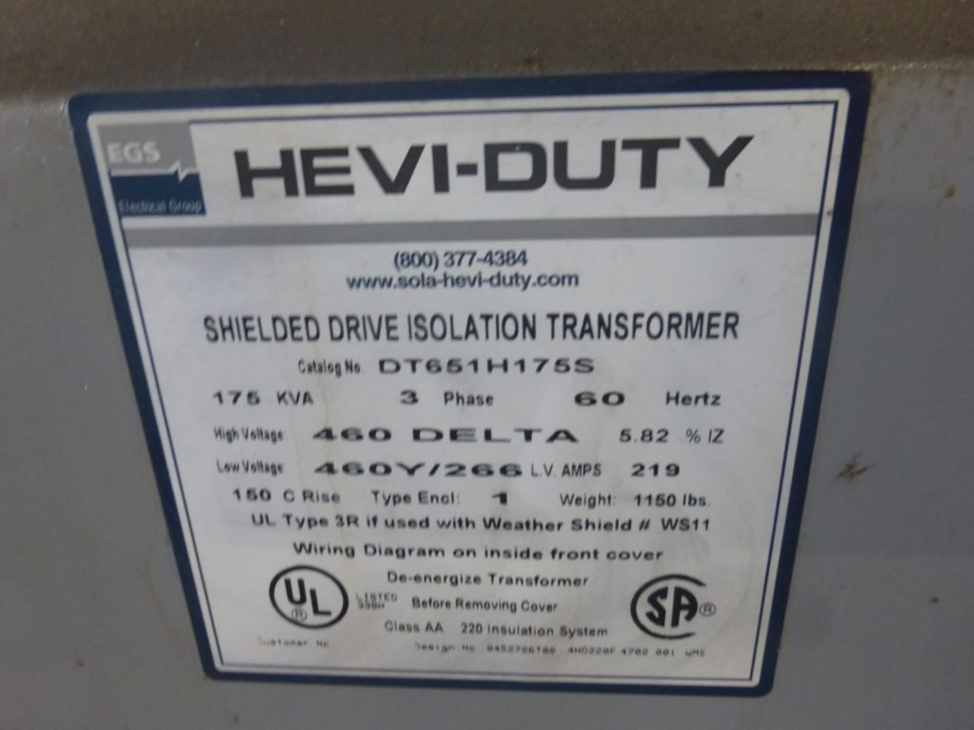 Hevi Duty Transformer | Cat No. DT651H175S; Type: 1; 175 KVA; 460 Delta High Voltage; 460Y/266 Low - Image 2 of 2