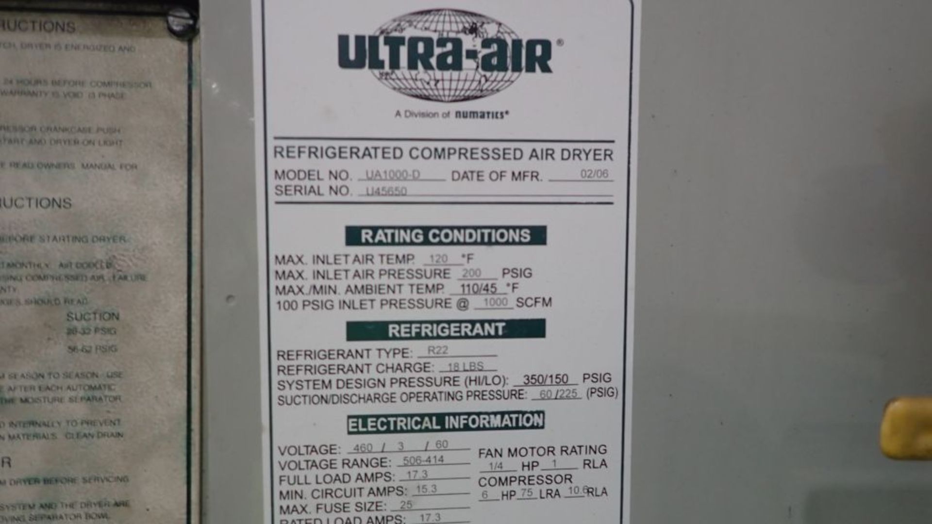 Ultra-Air Refrigerated Compressed Air Dryer | Model No. VA 1000-D; (2) Receiving Tanks; Tag: 227105 - Image 3 of 6