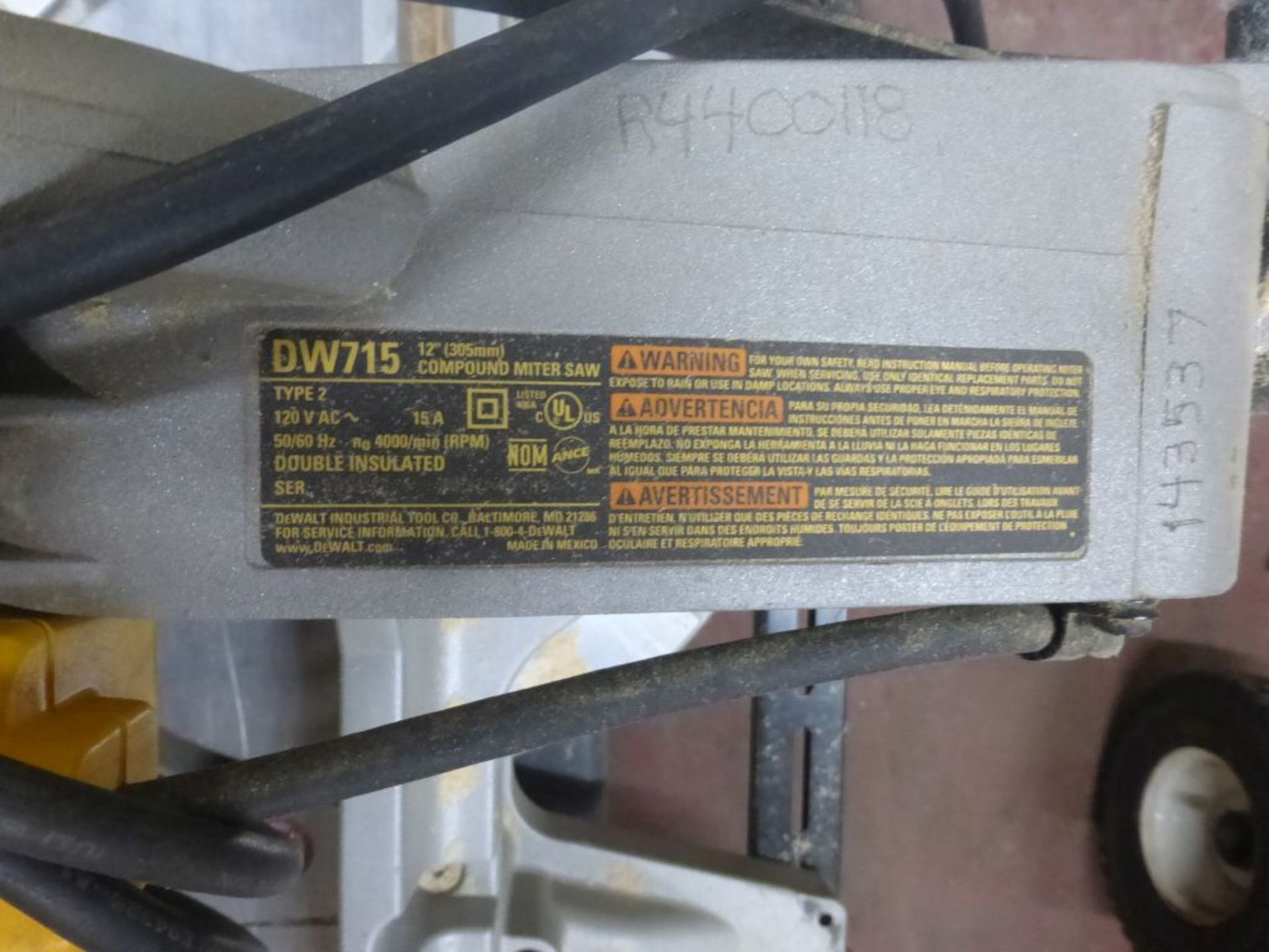 DeWalt Compound Miter Saw | Model No. DW715; Size: 12"; Type: 2; Mounted on Hitachi Rolling Saw - Image 6 of 10