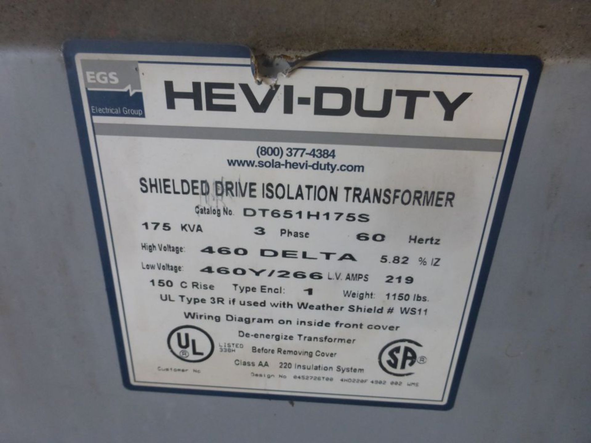 Hevi Duty Transformer | Cat No. DT651H175S; Type: 1; 175 KVA; 460 Delta High Voltage; 460Y/266 Low - Image 3 of 3