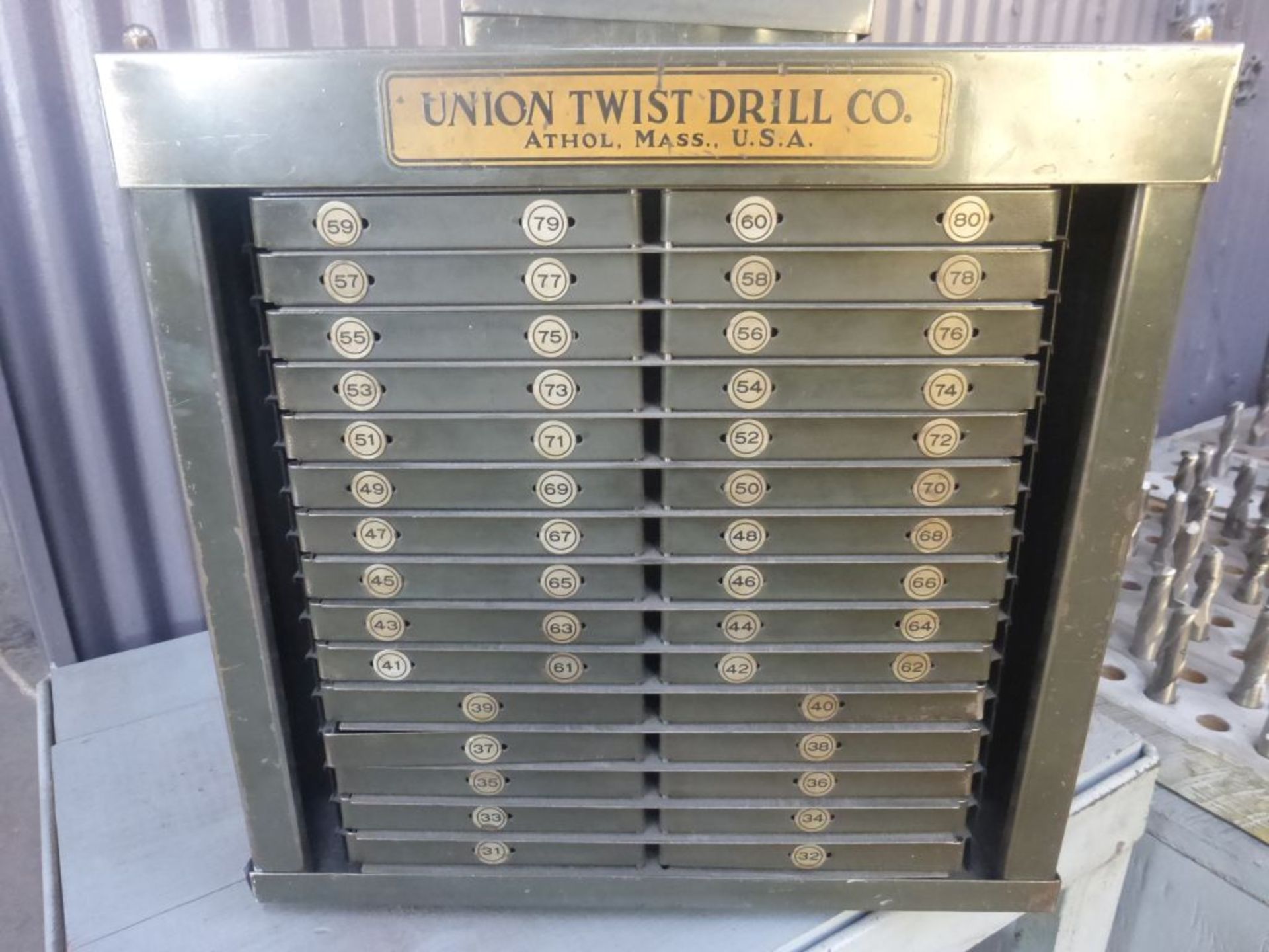 Union Twist Drill Co. Drill Bit Carousel w/Drill Contents | 4-Sided Multi Drawer; Tag: 229631 - Image 3 of 25