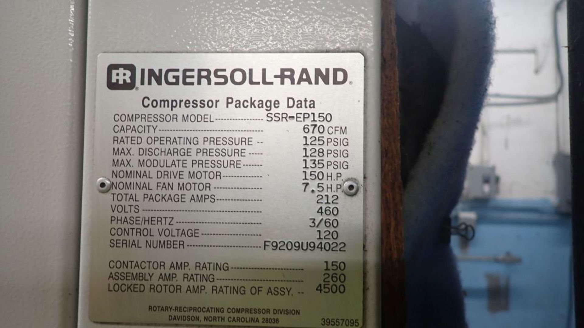 Ingersoll Rand SSR-EP150 150 HP Air Compressor | Serial No. F9209V940ZZ; Tag: 227803 | Alternate - Image 4 of 4