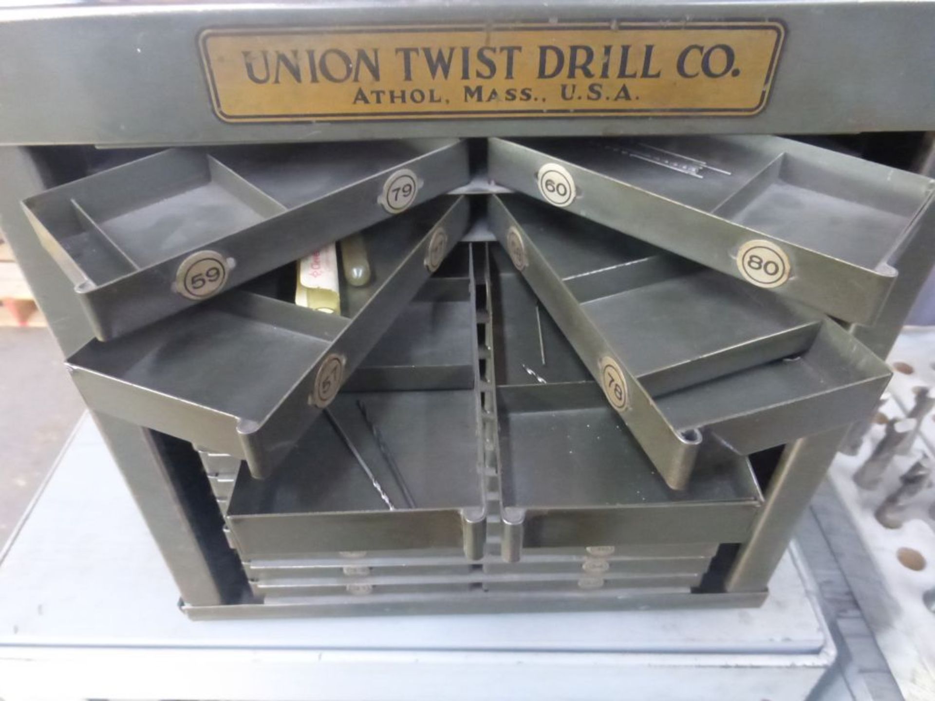 Union Twist Drill Co. Drill Bit Carousel w/Drill Contents | 4-Sided Multi Drawer; Tag: 229631 - Image 18 of 25