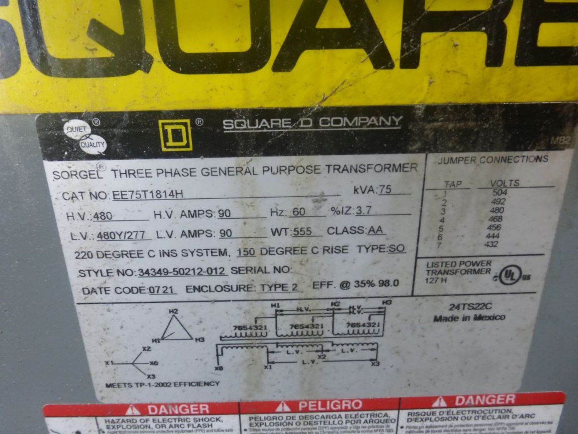Square D Transformer | Cat No. EE751814H; 75 KVA; 90 High Amps; 90 Low Amps; 480 High Volts; 480Y/ - Image 3 of 3