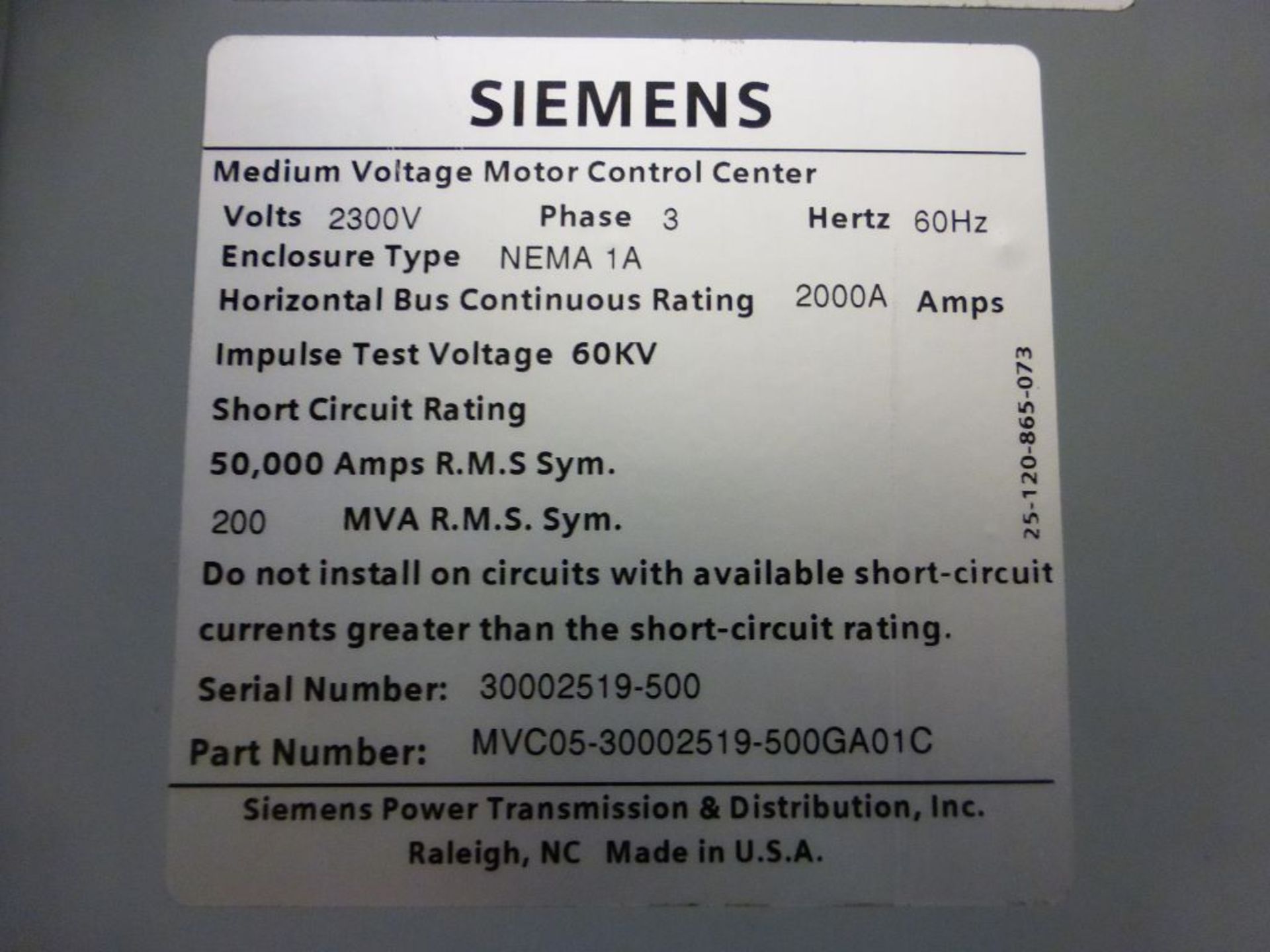 Siemens Medium Voltage MCC - Removed from Service January 2022 | 2000A; 2300V; 3-Verticals; - Image 5 of 18