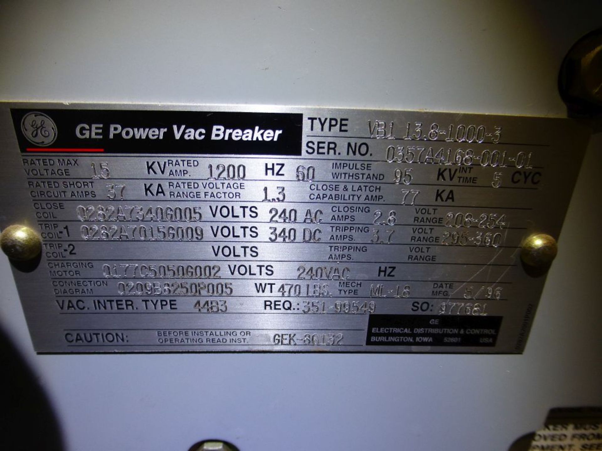 GE Powervac Switchgear - Removed from Service January 2022 | Includes: 1200A Vac Breaker, Type: - Image 4 of 8