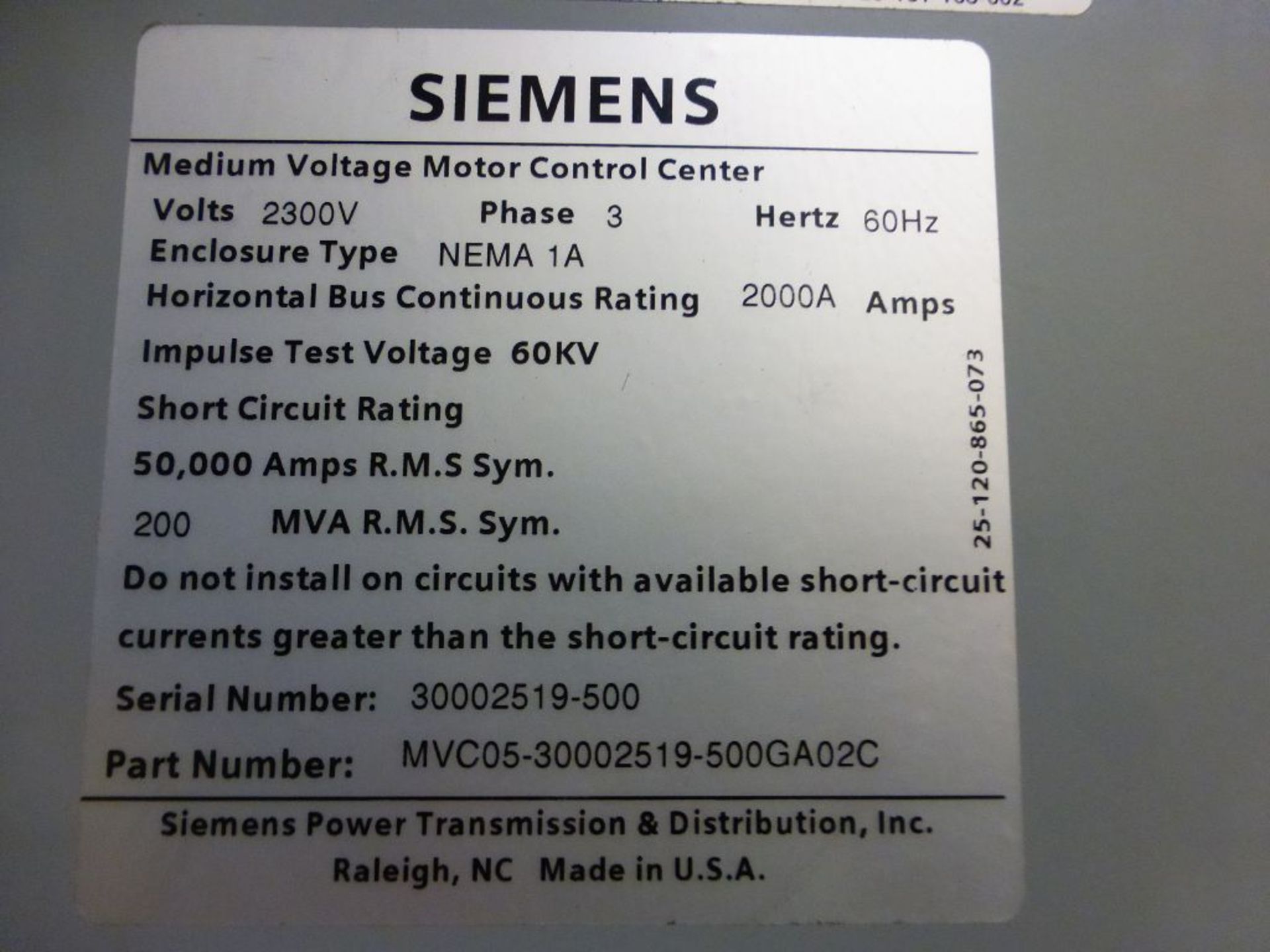 Siemens Medium Voltage MCC - Removed from Service January 2022 | 2000A; 2300V; 3-Verticals; - Image 4 of 18