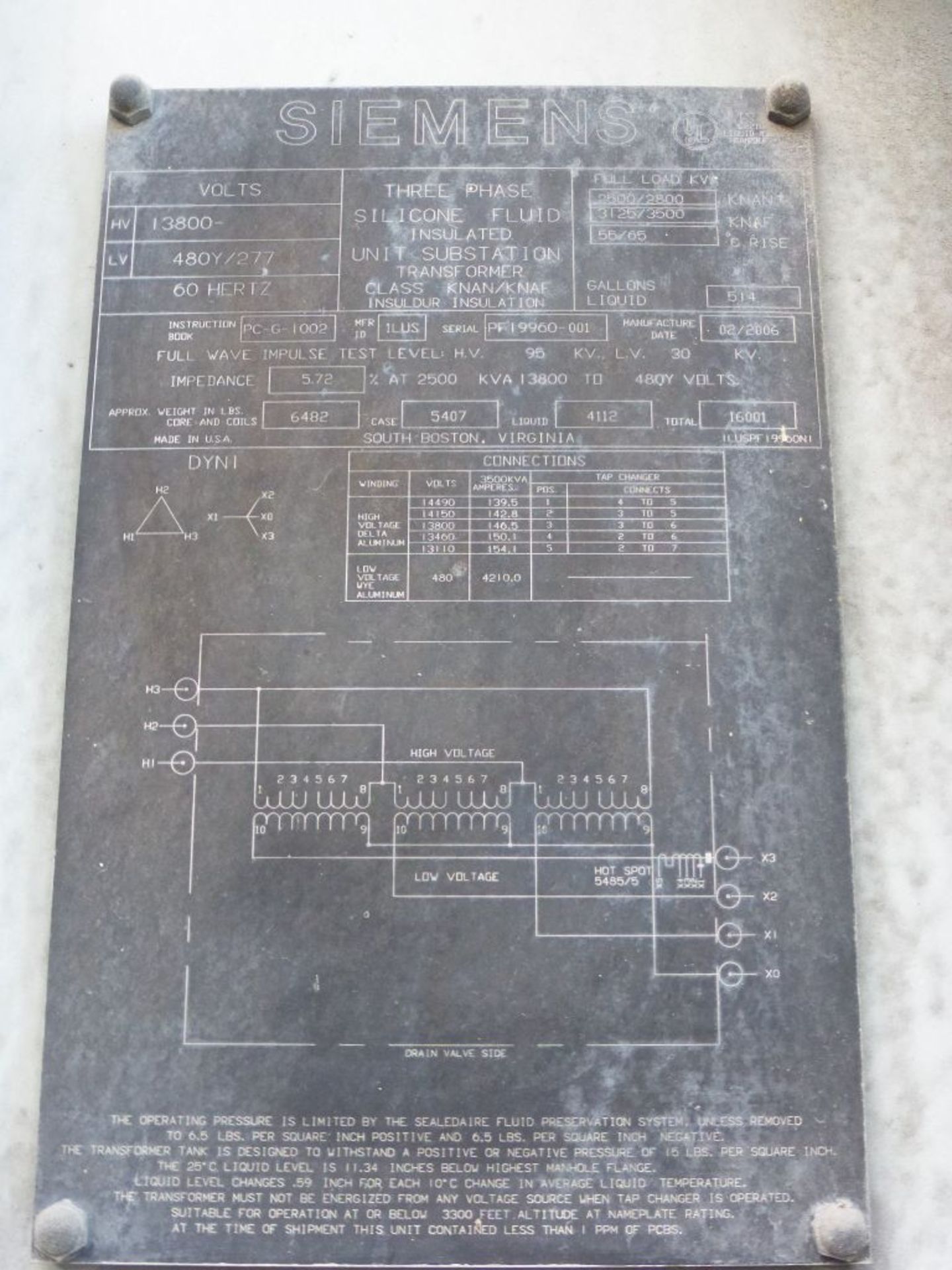 2006 Siemens Transformer - Removed from Service January 2022 | 2500/2800 KVA; 13,800 High Voltage; - Image 5 of 11