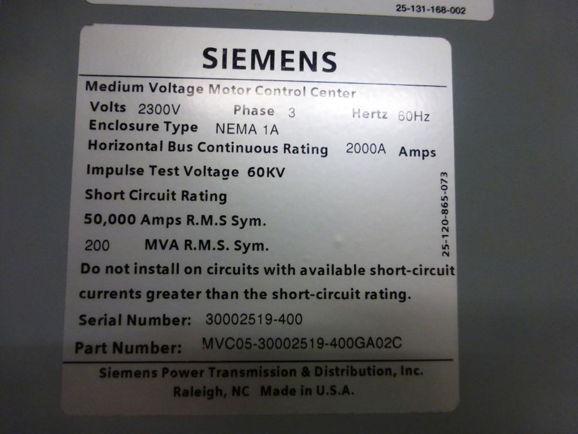 Siemens Medium Voltage MCC - Removed from Service January 2022 | 2000A; 2300V; 3-Verticals; - Image 3 of 19