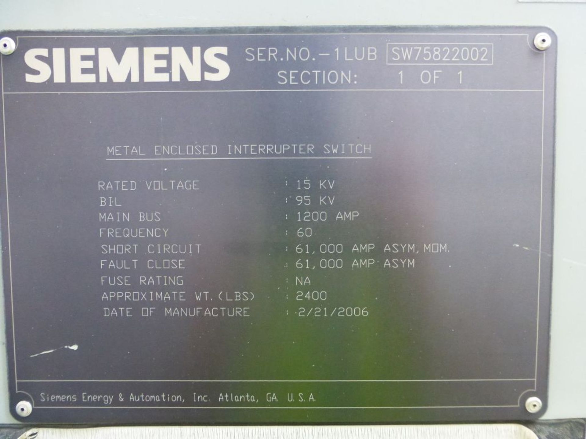 2006 Siemens Transformer w/Siemens Switch - Removed from Service January 2022 | Transformer: 2500/ - Image 11 of 11