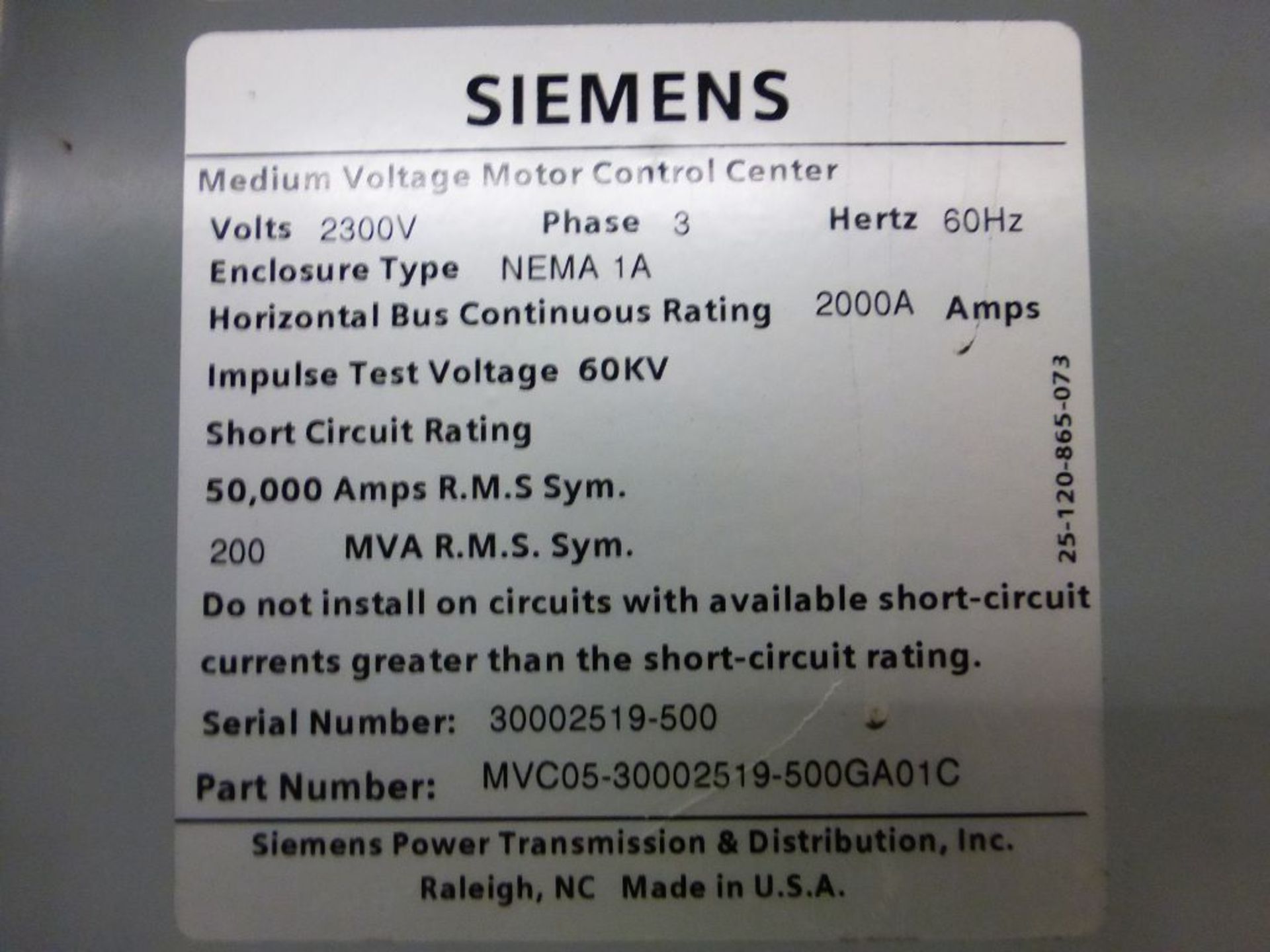 Siemens Medium Voltage MCC - Removed from Service January 2022 | 2000A; 2300V; 3-Verticals; - Image 3 of 16