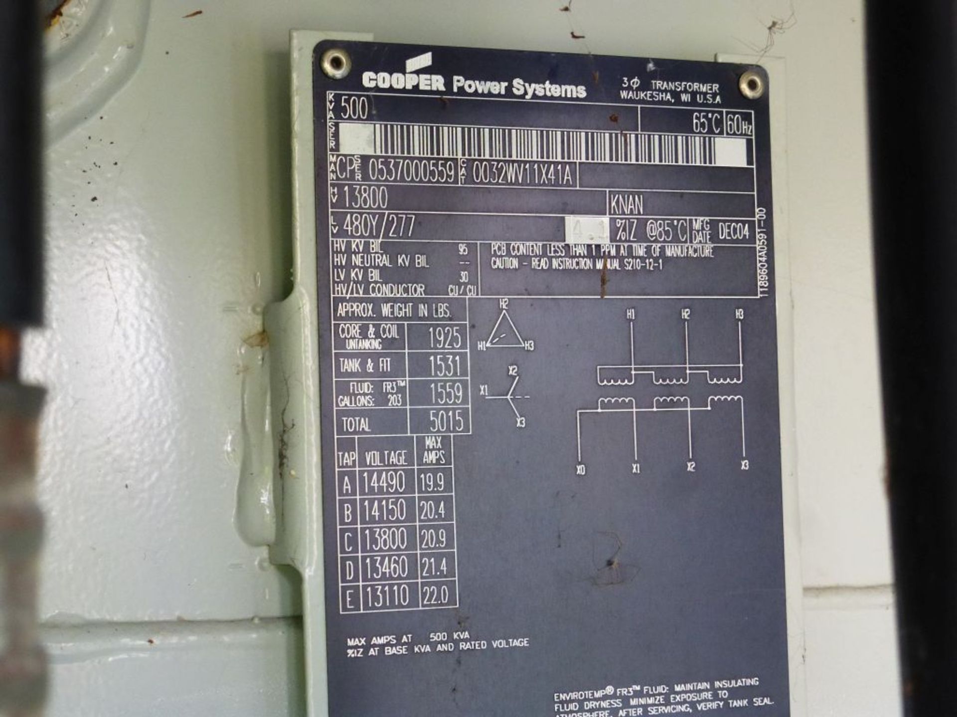 2004 Cooper Power Systems Transformer - Removed from Service January 2022 | 500 KVA; 13,800 High - Image 7 of 8