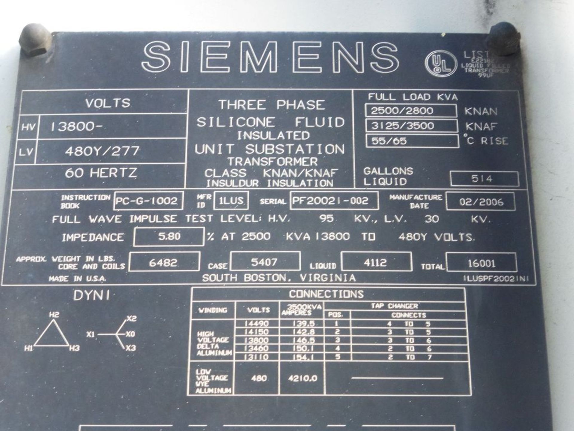 2006 Siemens Transformer w/Siemens Switch - Removed from Service January 2022 | Transformer: 2500/ - Image 6 of 11