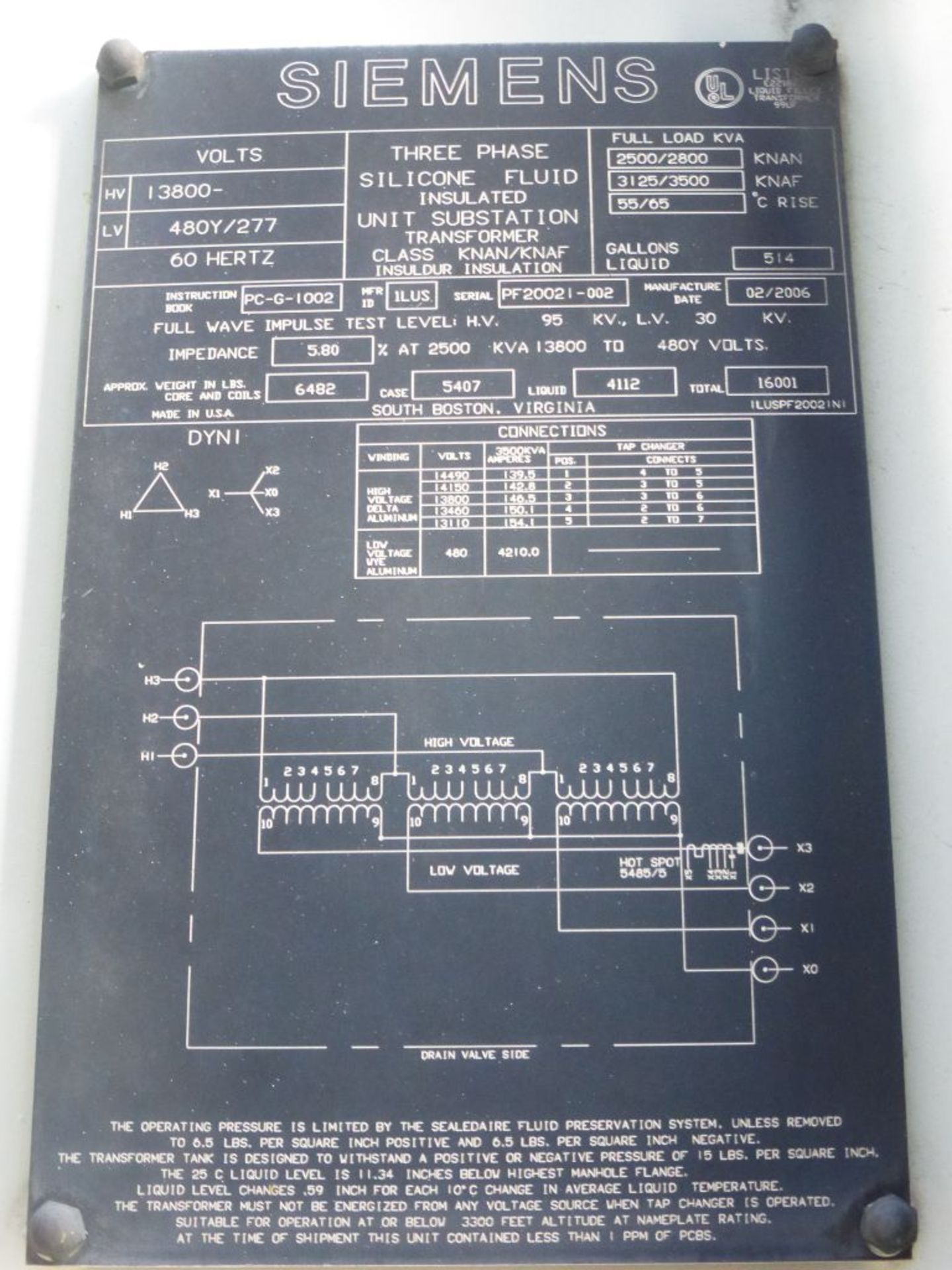 2006 Siemens Transformer w/Siemens Switch - Removed from Service January 2022 | Transformer: 2500/ - Image 8 of 11