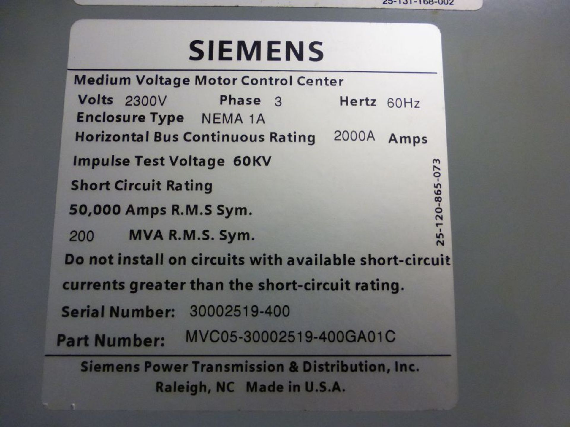 Siemens Medium Voltage MCC - Removed from Service January 2022 | 2000A; 2300V; 3-Verticals; - Image 2 of 21