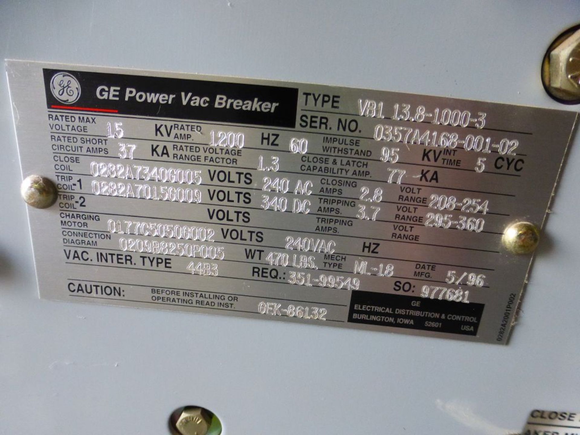 GE Powervac Switchgear - Removed from Service January 2022 | Includes: 1200A Vac Breaker, Type: - Image 7 of 8