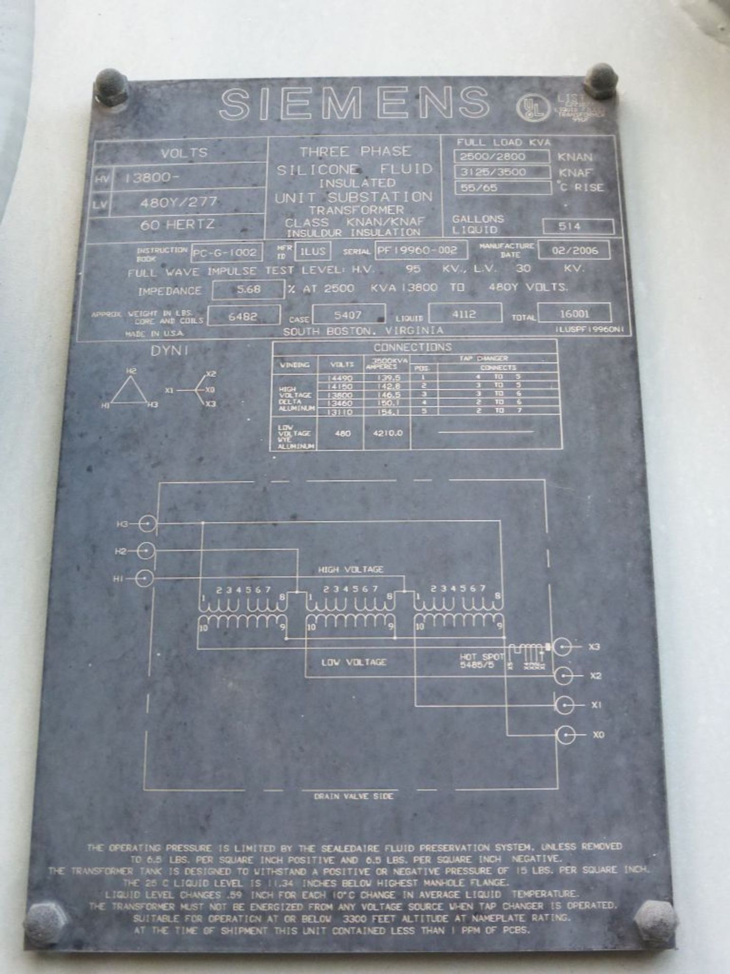 2006 Siemens Transformer - Removed from Service January 2022 | 2500/2800 KVA; 13,800 High Voltage; - Image 6 of 10