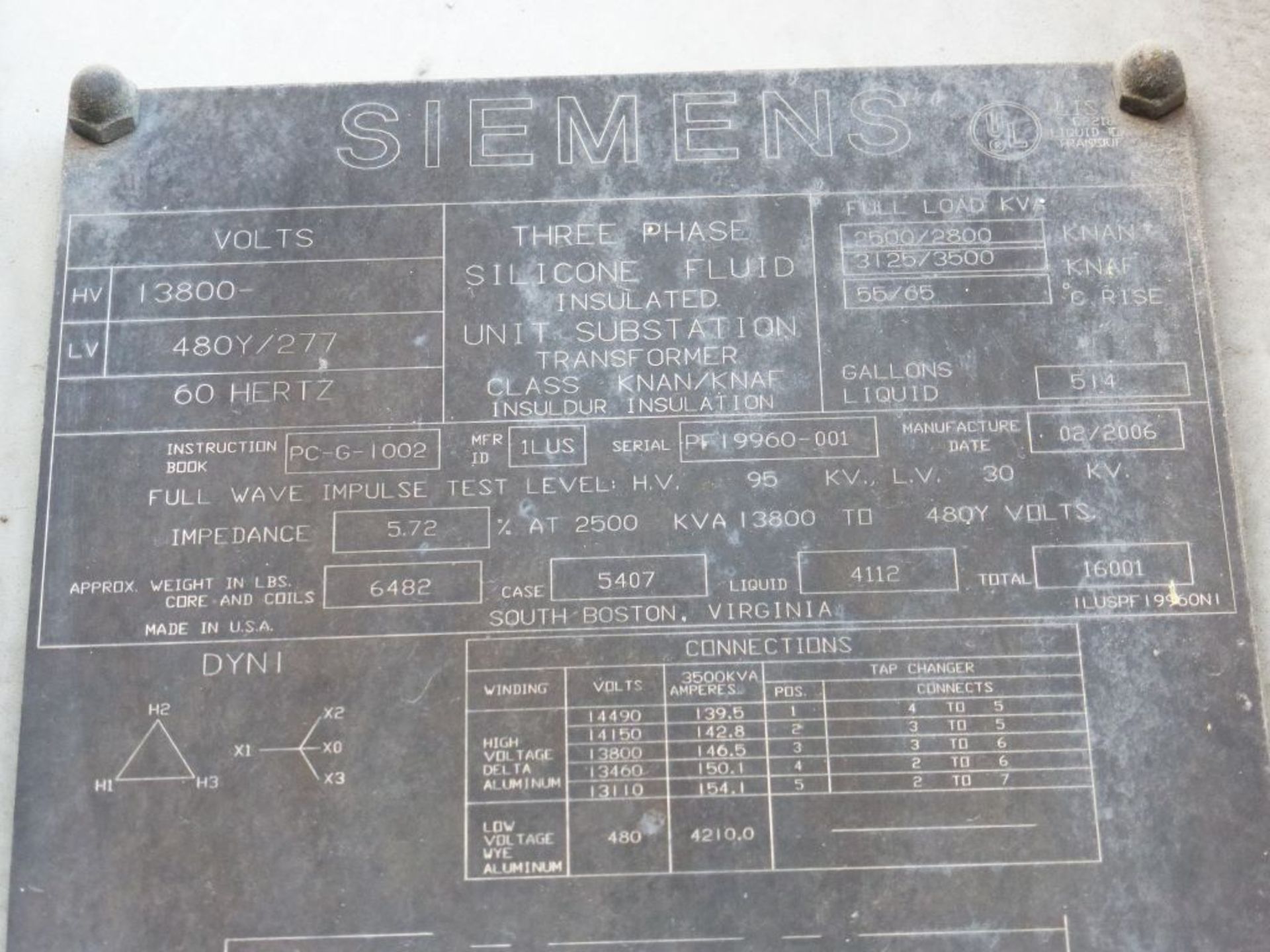 2006 Siemens Transformer - Removed from Service January 2022 | 2500/2800 KVA; 13,800 High Voltage; - Image 6 of 11