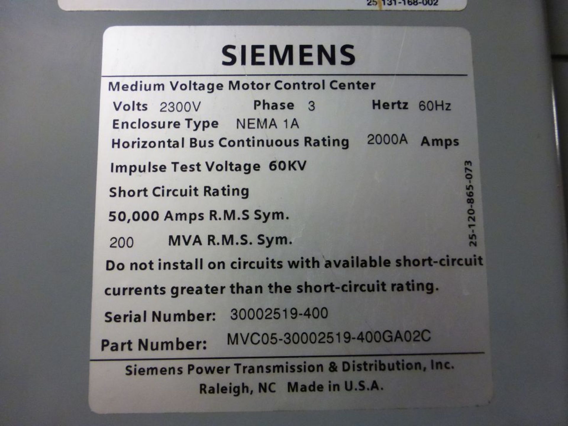 Siemens Medium Voltage MCC - Removed from Service January 2022 | 2000A; 2300V; 3-Verticals; - Image 15 of 21