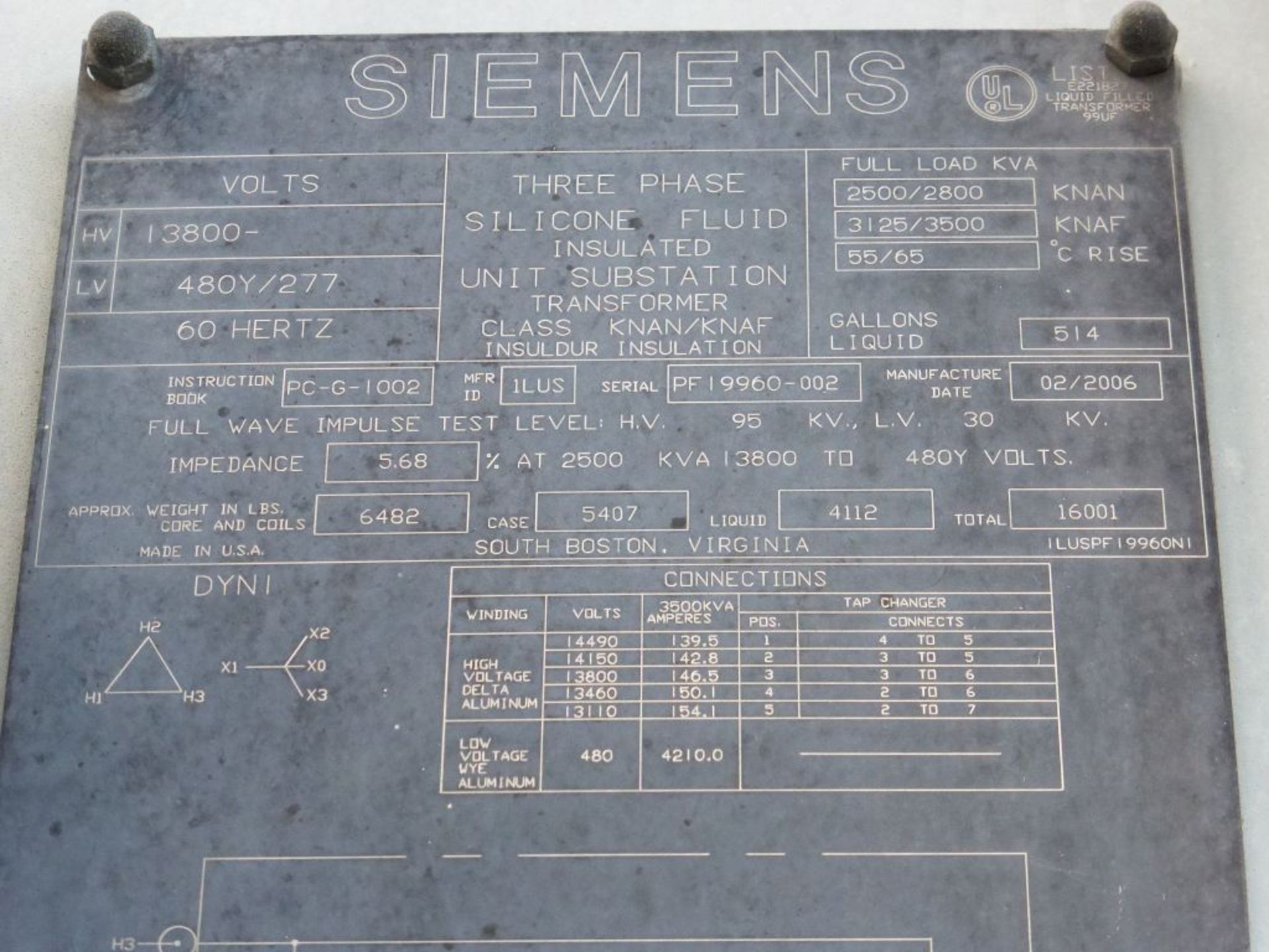 2006 Siemens Transformer - Removed from Service January 2022 | 2500/2800 KVA; 13,800 High Voltage; - Image 7 of 10