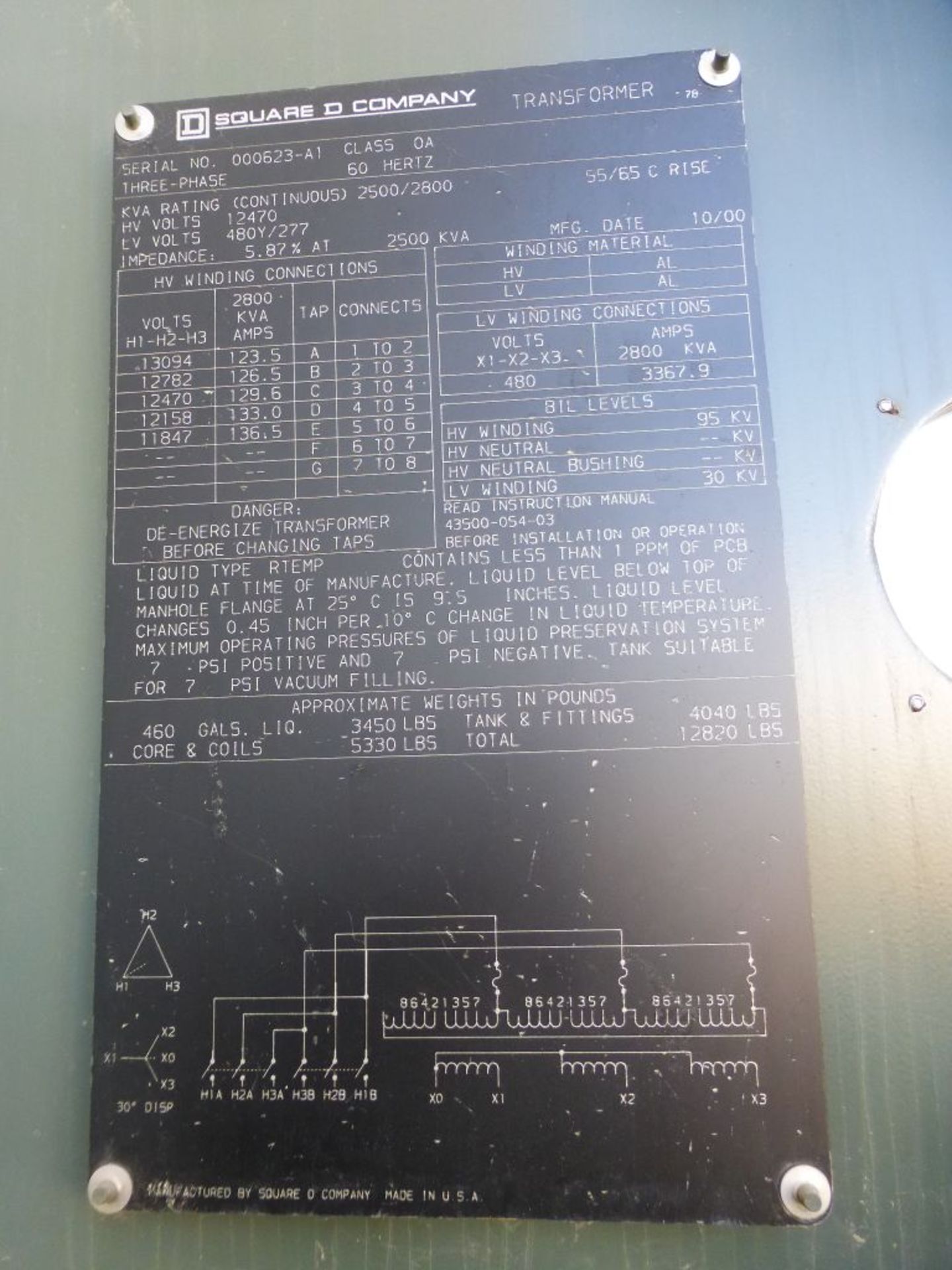 Square D 2500/2800 KVA Transformer | High Voltage: 12470V; Low Voltage: 480Y/277V; Tag: 231707 - Image 8 of 12