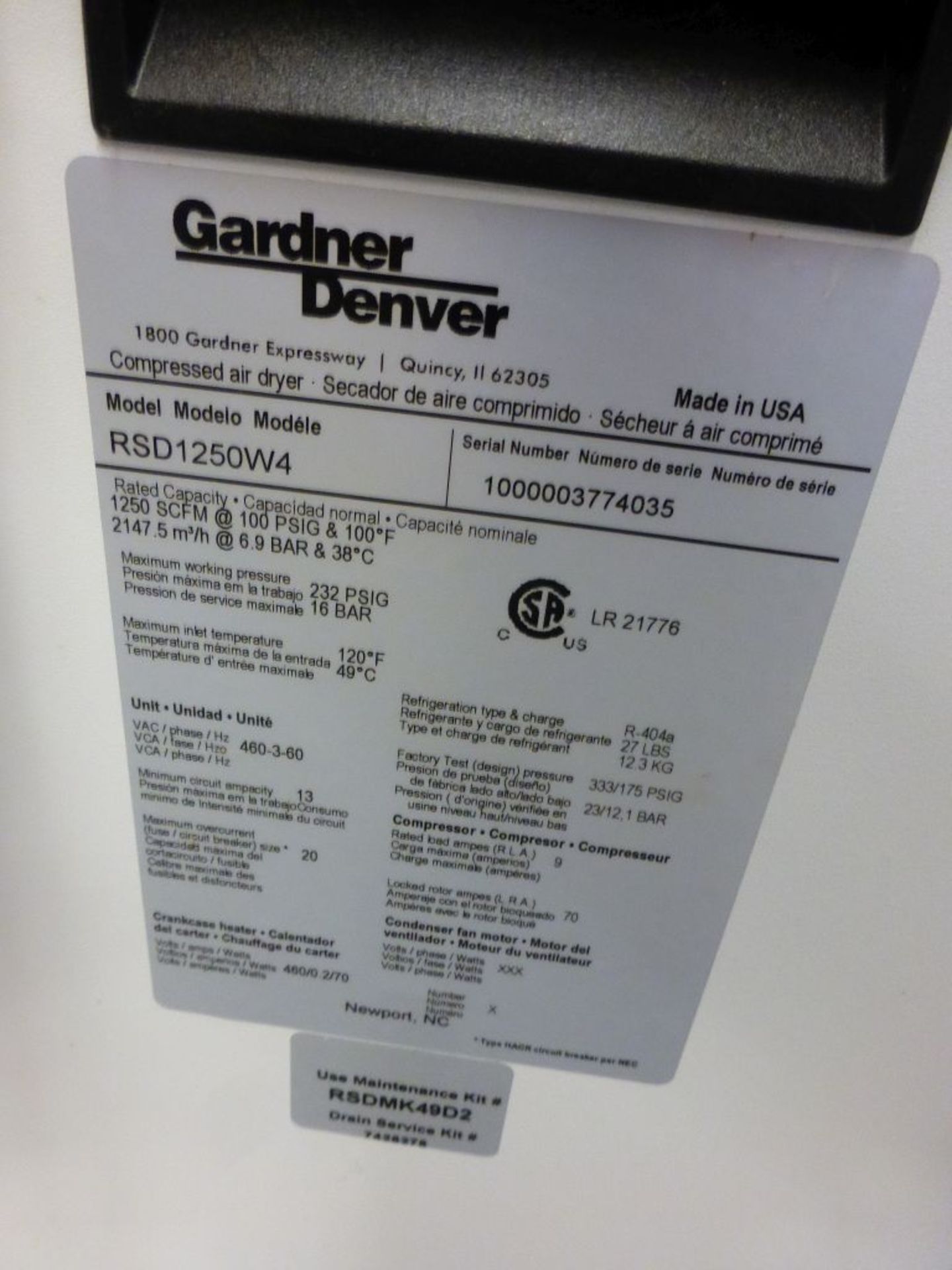 Gardner Denver Compressed Air Dryer | Model No. RSD1250W4; Maximum Working Pressure: 232 PSIG; - Image 5 of 5