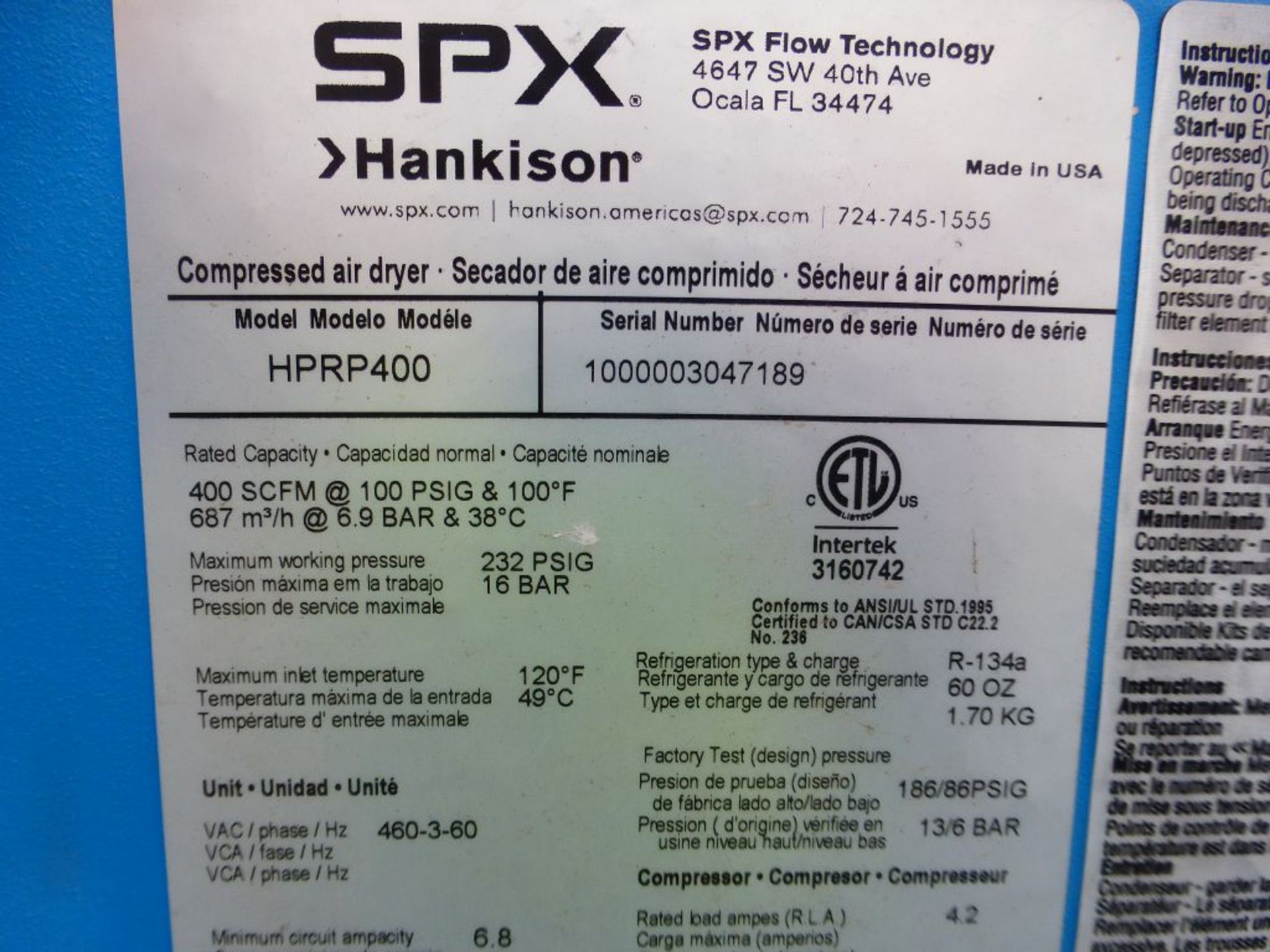 SPX Hankison Compressed Air Dryer | Model No. HPRP400; 232 PSIG; Tag: 231743 - Image 4 of 5