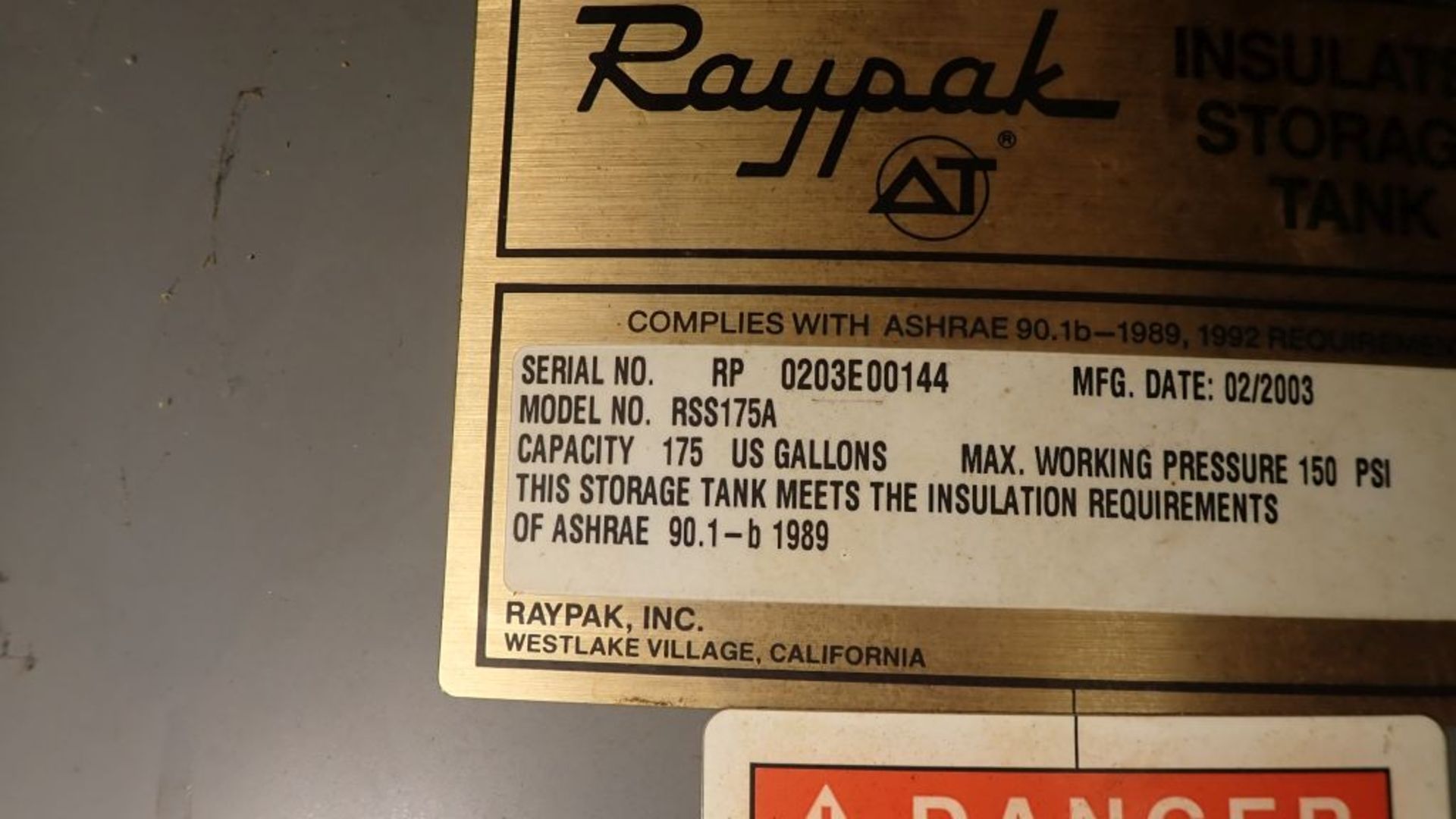 2003 Raypack Insulated Storage Tank | Model No. RSS175A; 175-Gallon Capacity; 150 PSI; Tag: 231697 - Image 4 of 5