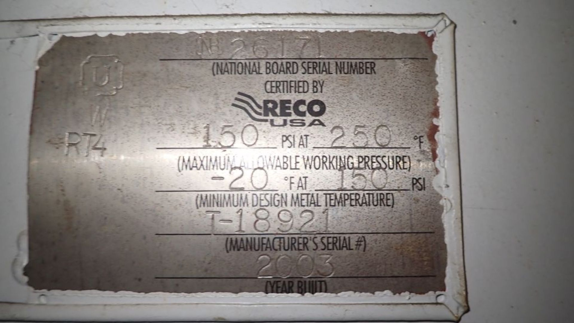 Reco USA Air Receiving Tank | Serial No. 26171; Tag: 231694 - Image 2 of 2