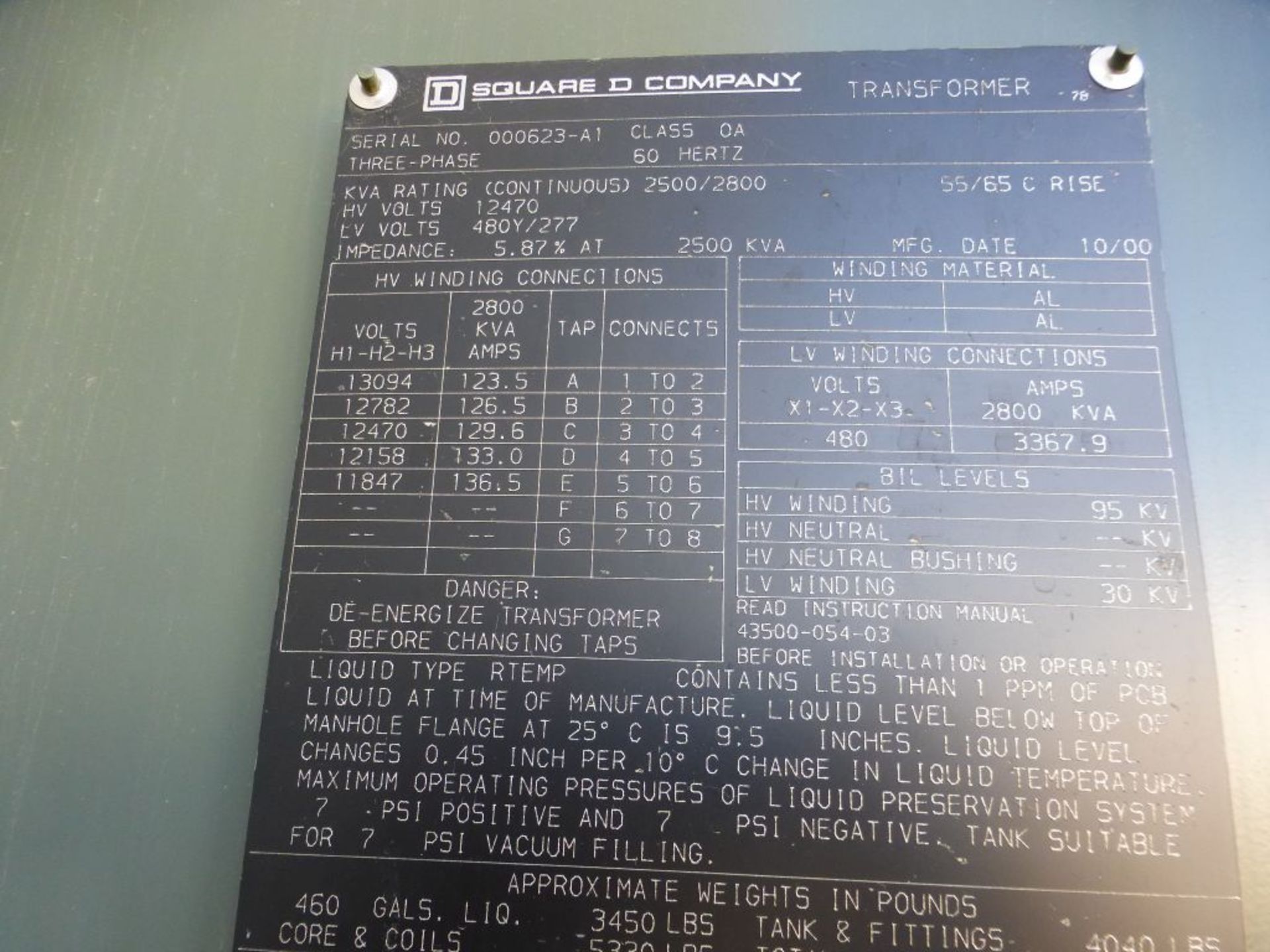 Square D 2500/2800 KVA Transformer | High Voltage: 12470V; Low Voltage: 480Y/277V; Tag: 231707 - Image 10 of 12