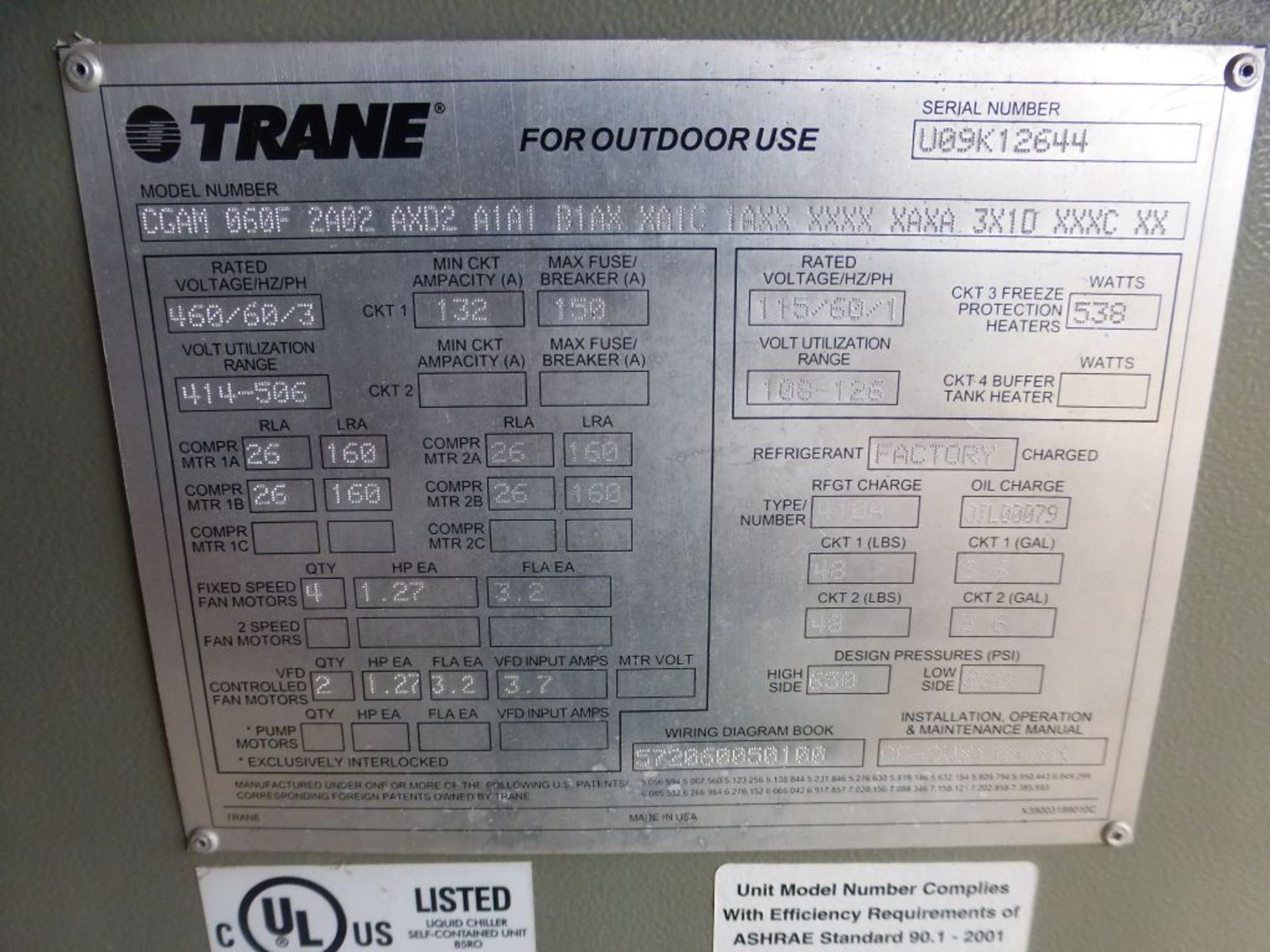 Trane Chiller | Model No. CGAM 060F 2A02 AXD2 A1A1 B1AX XA1C; 460V; 410A Refrigerant; 1AXX XXXX XAXA - Image 9 of 22